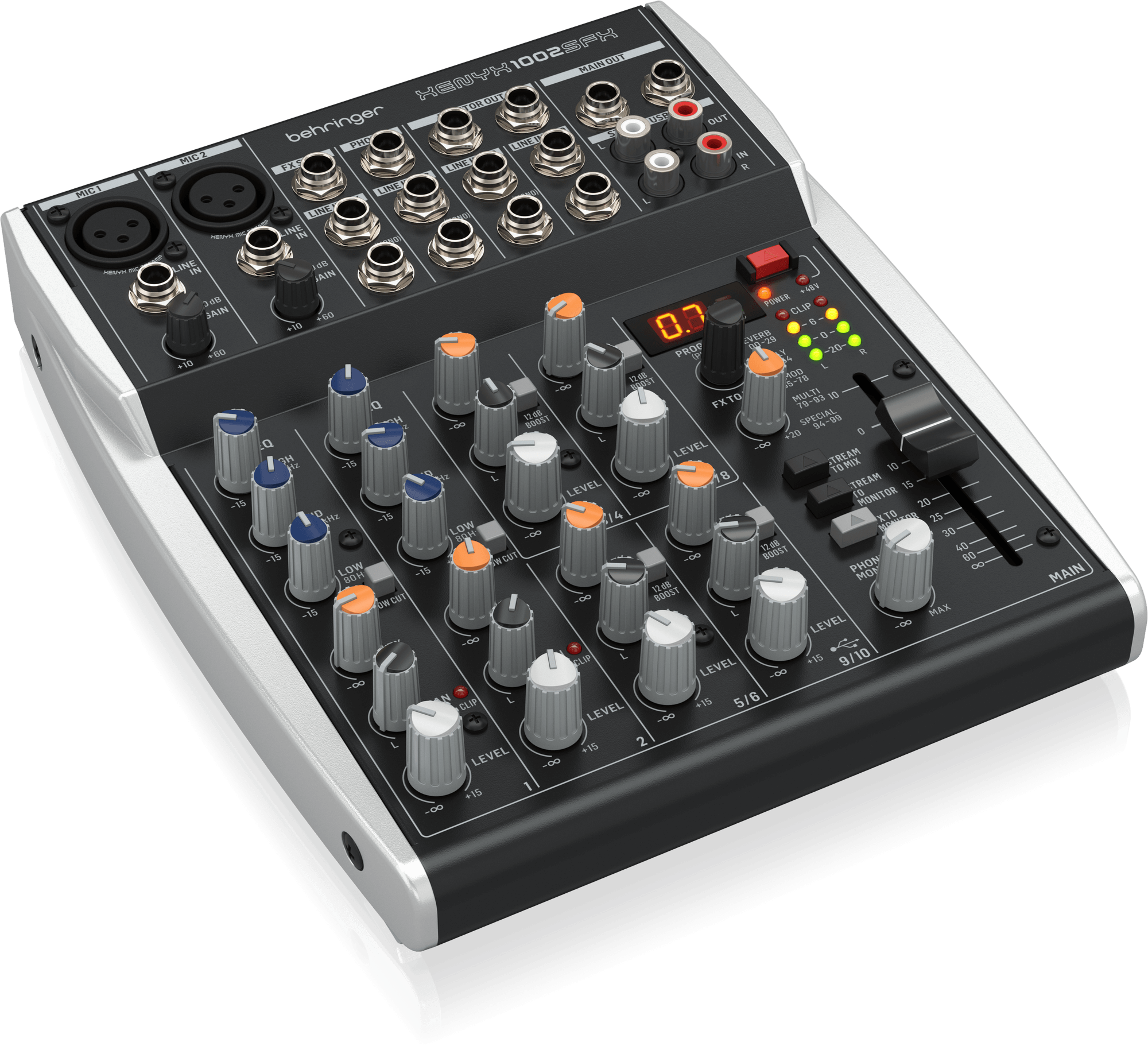 1002SFX左斜め。マイク2列のGAIN・3バンドEQ・LOW CUTと、ステレオ列のFX・12dB BOOST・BAL・LEVEL。