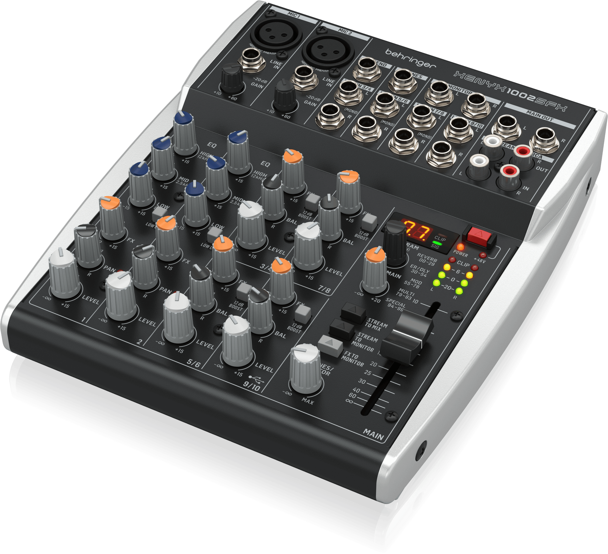 1002SFX右斜め。MAINフェーダー、PHONES／MONITOR、STREAMとFXの監聴切替の配置。