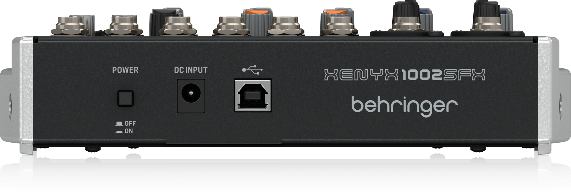 1002SFX背面。POWER、DC INPUT、USB Type B端子。本体電源は付属アダプターを使用します。