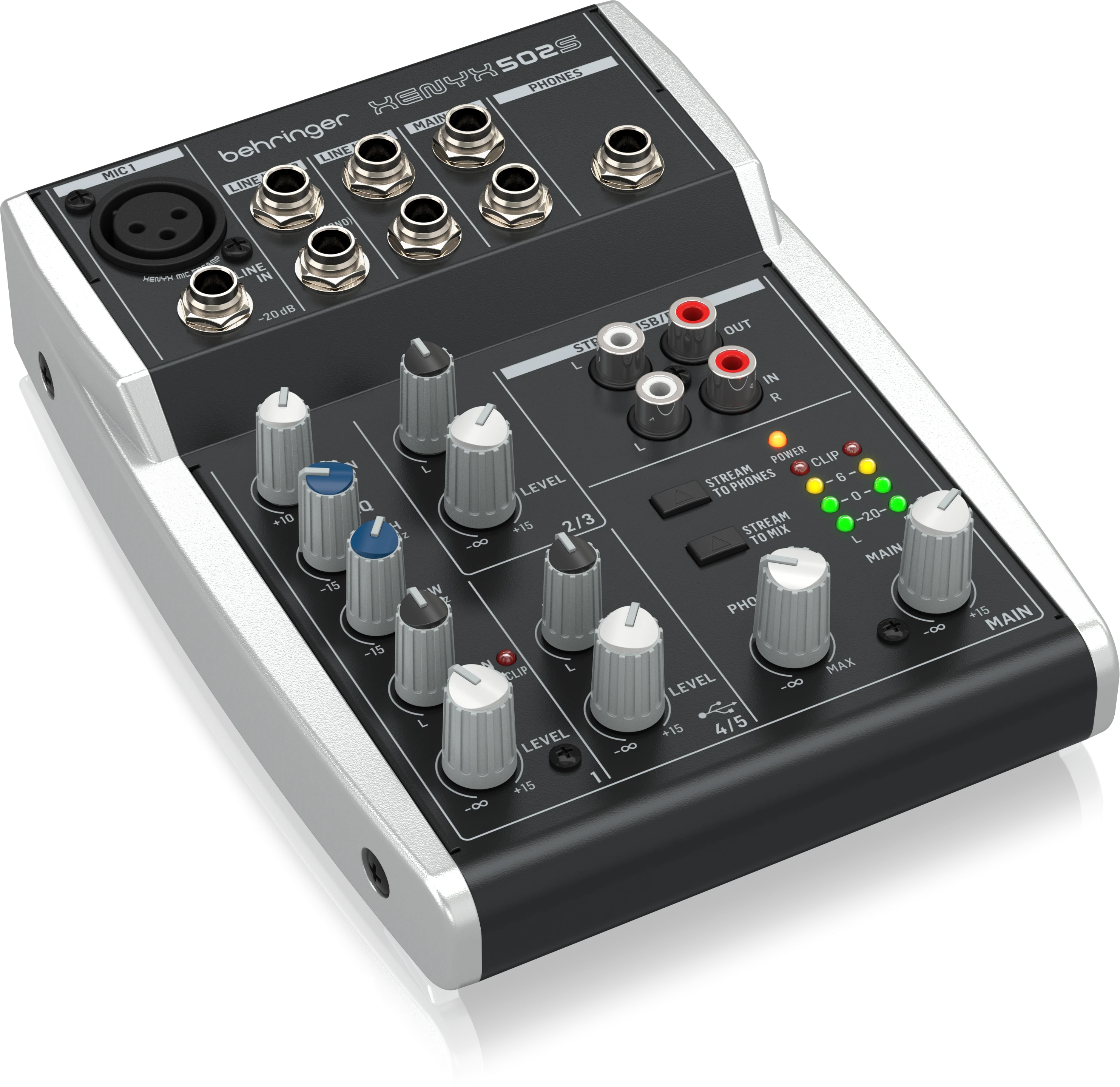 左斜めから見た502S。マイク側のGAIN・2バンドEQ・PAN・LEVELの並びを確認できます。