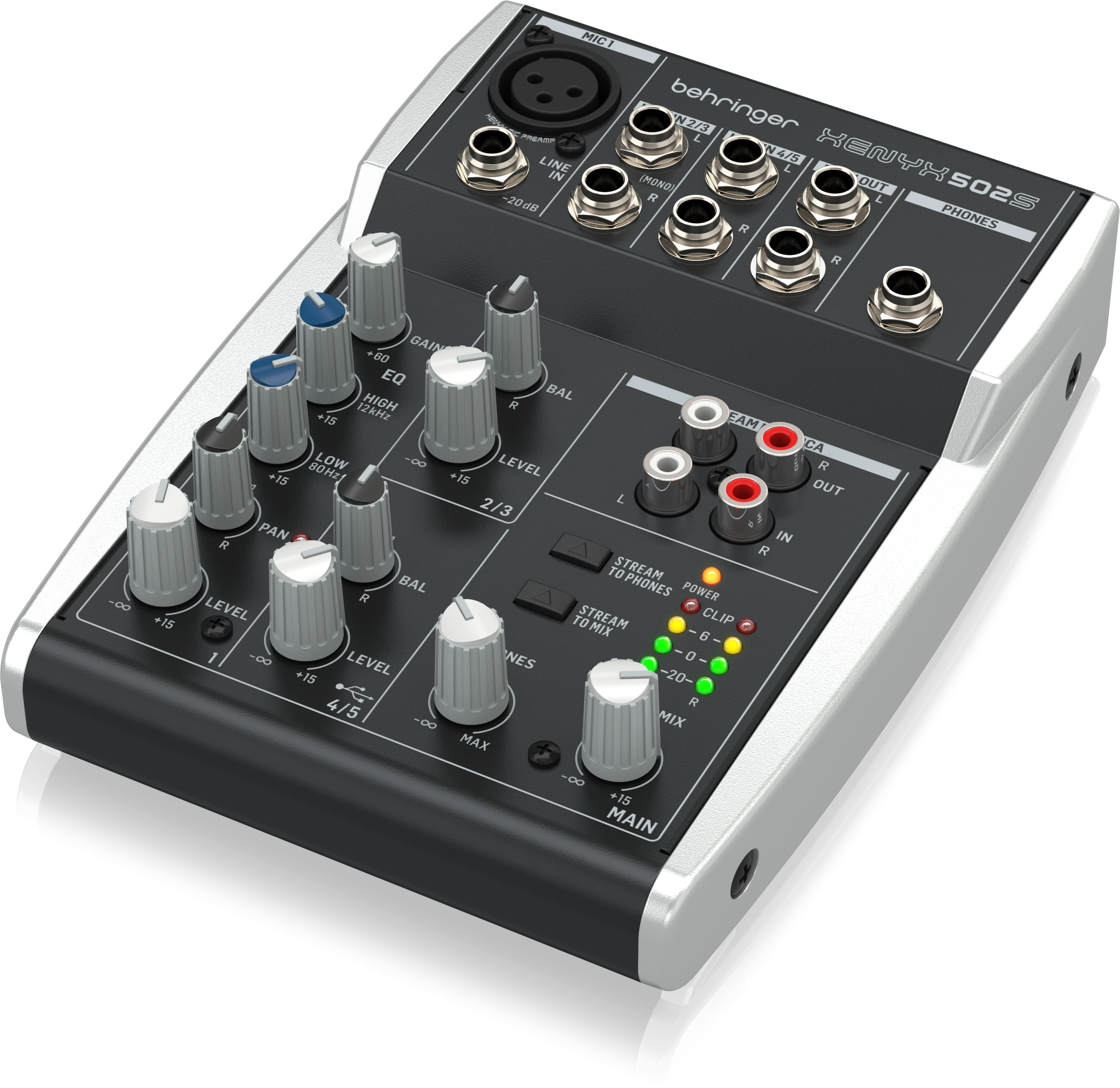 右斜めから見た502S。STREAM TO PHONES／TO MIXと、PHONES・MAIN MIXのノブが分かります。