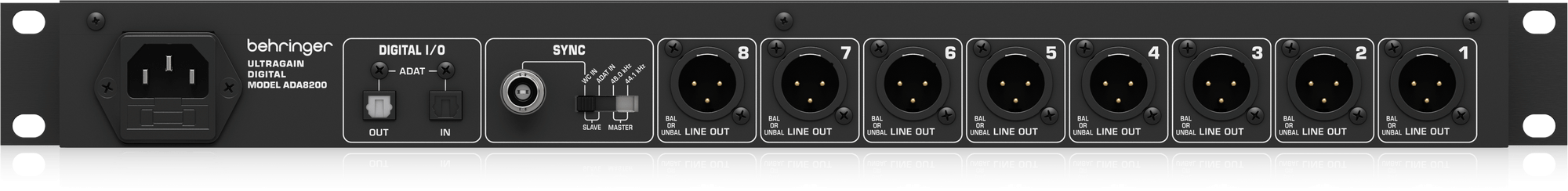 背面。ADAT OUT／IN、BNCワードクロック入力、SYNC選択、8系統のXLR LINE OUT、IEC電源端子を確認できます。