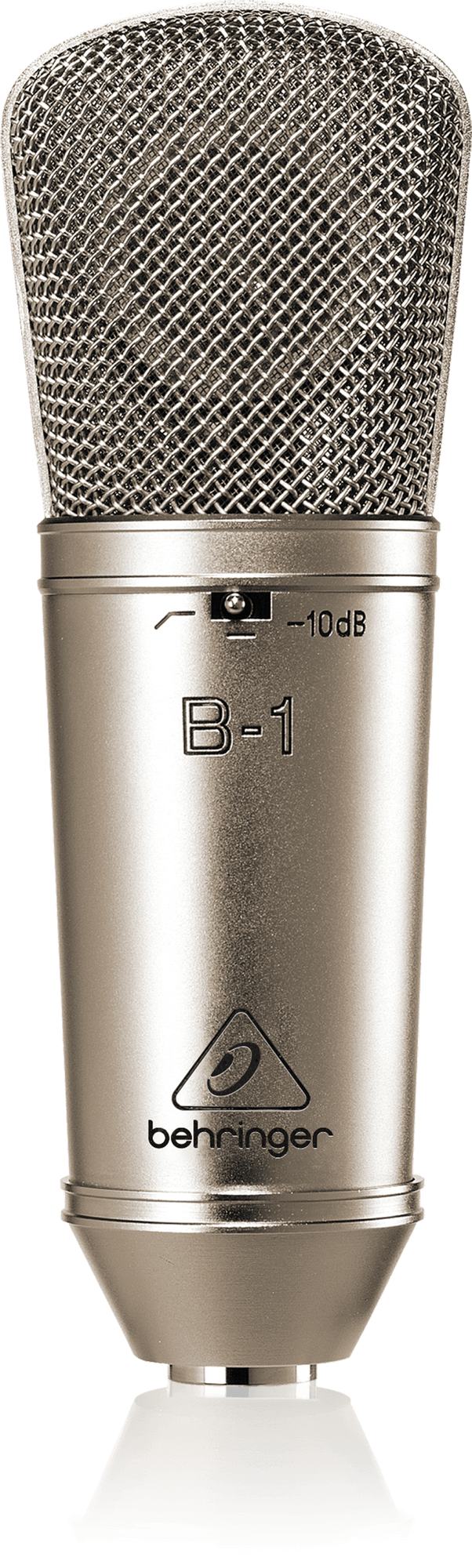 銀色B-1の正面。B-1の型番、左ローカット・中央通常・右−10dBの前面切替を示す公式商品写真。