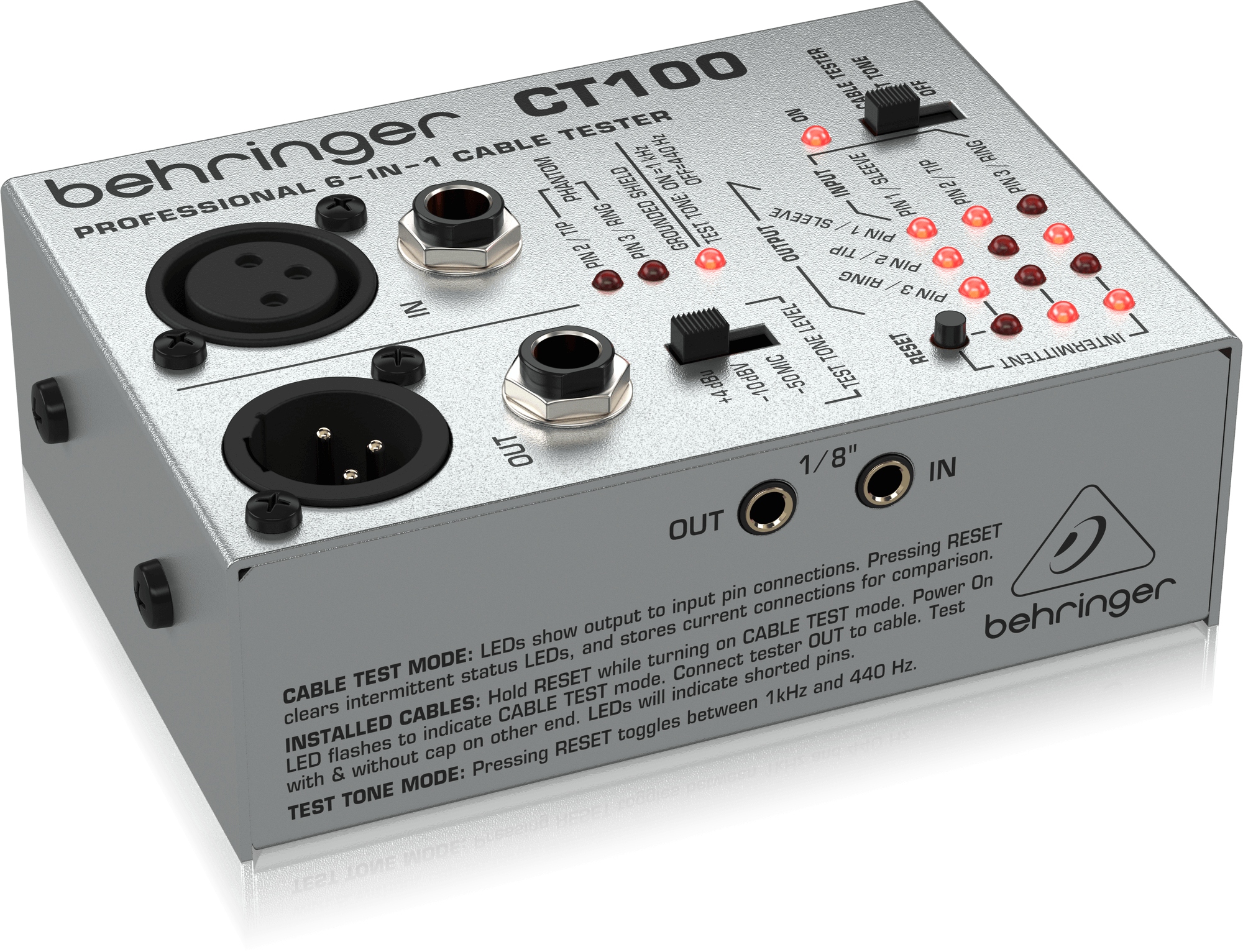 CT100左斜めのメーカー商品写真。上面のXLR・標準フォーン、側面の3.5mm端子とIN／OUTの位置が見えます。