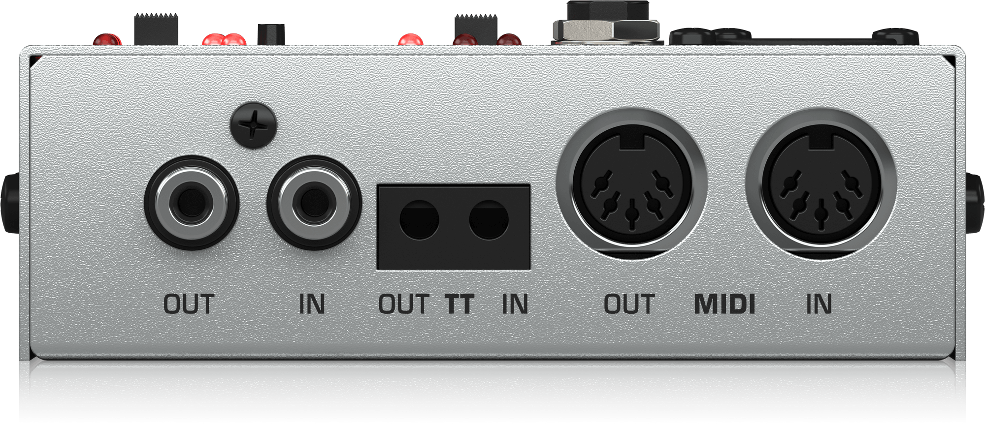 CT100背面のメーカー商品写真。RCA、TT、MIDIそれぞれのOUT/IN端子が並びます。