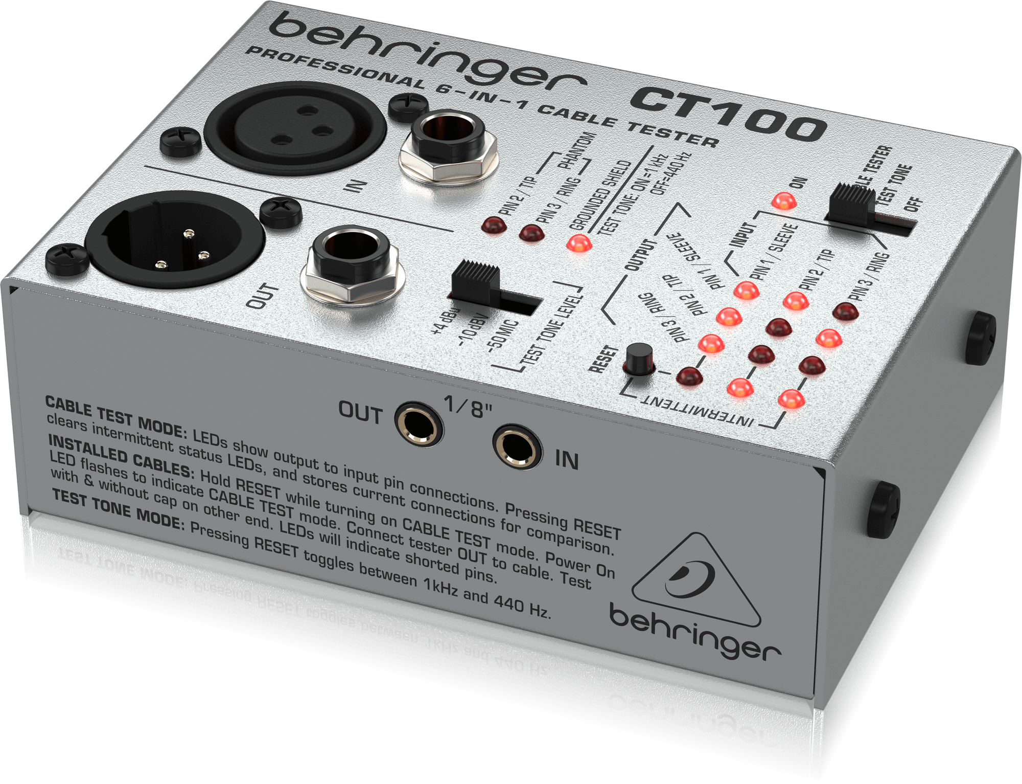 CT100右斜め。TEST TONE、CABLE TESTER、OFFの切替と端子の位置関係を確認できます。