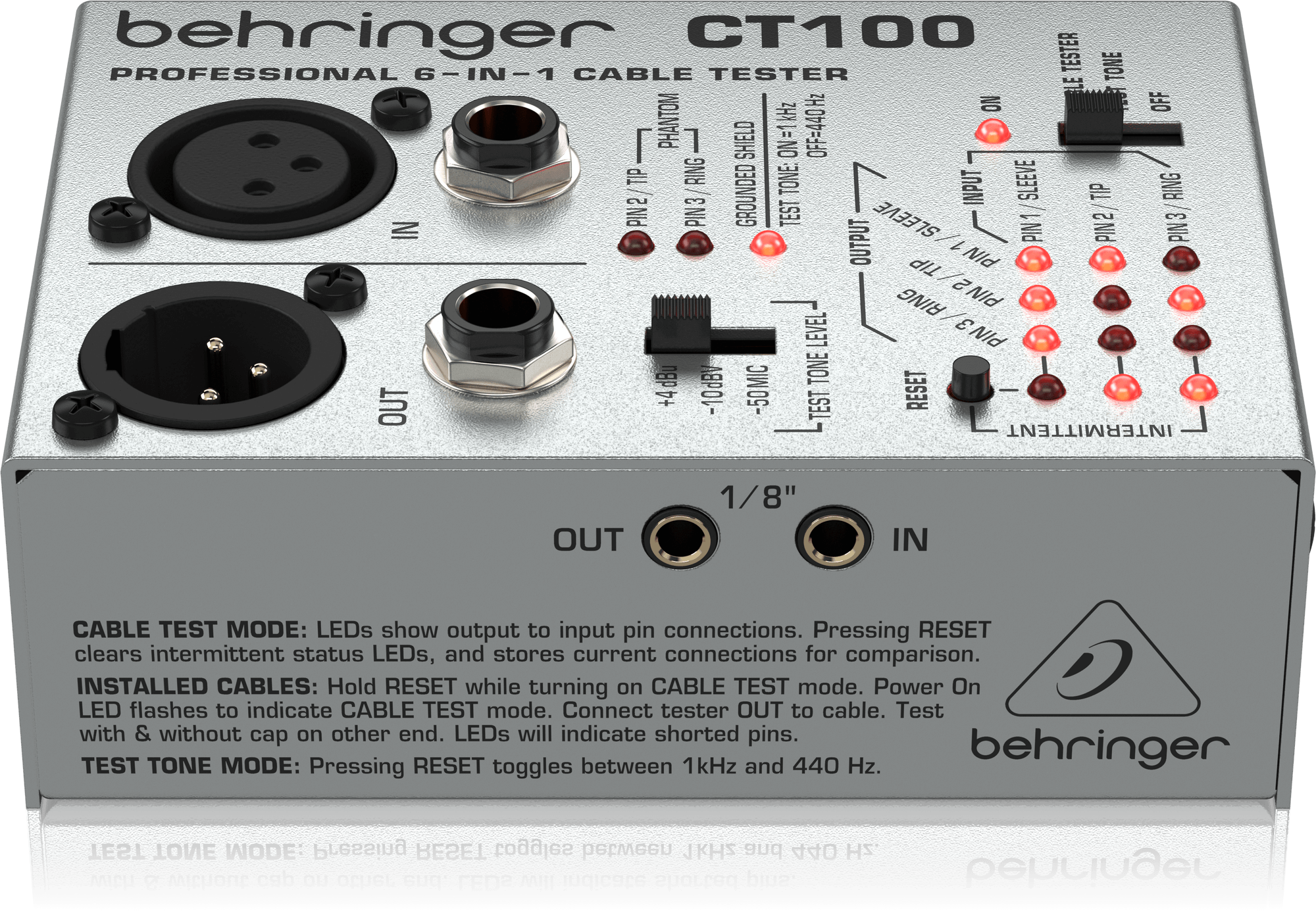 CT100前方からのメーカー商品写真。3.5mmのOUT/INと本体側面の操作案内が見えます。