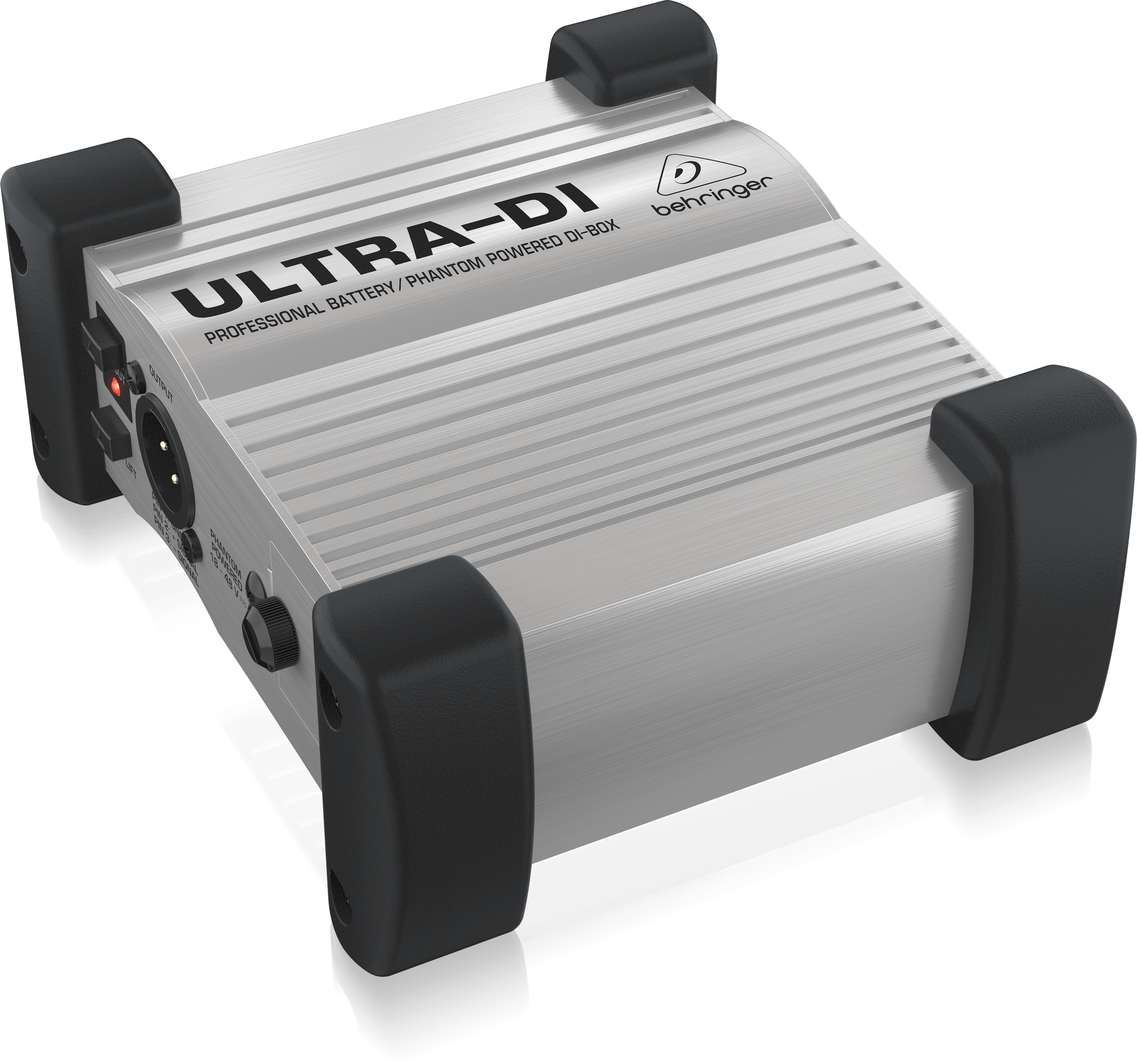 DI100を出力側から見た公式写真。XLR出力、電源表示、GND LIFT、電池カバーの位置が分かります。