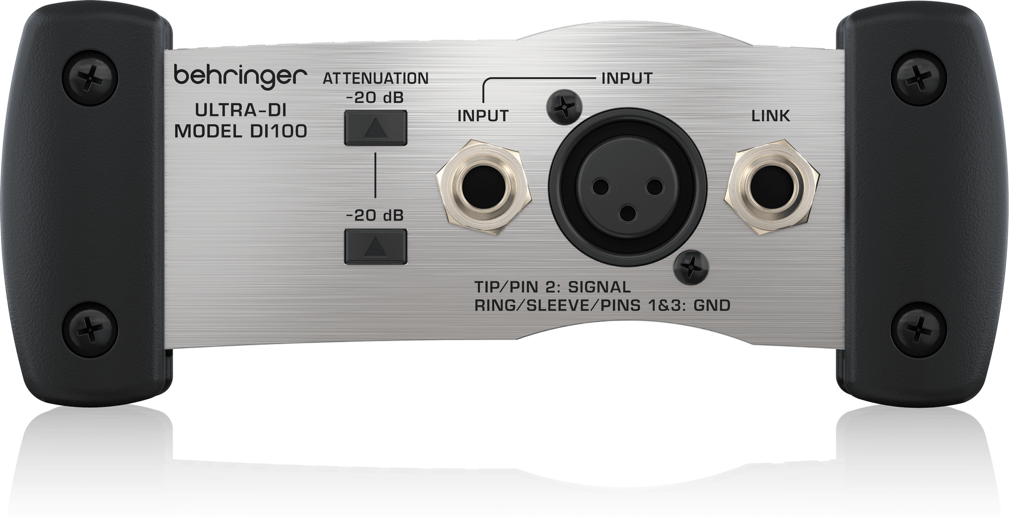 入力側の正面写真。INPUT、LINK、2つの−20dB減衰スイッチが並びます。