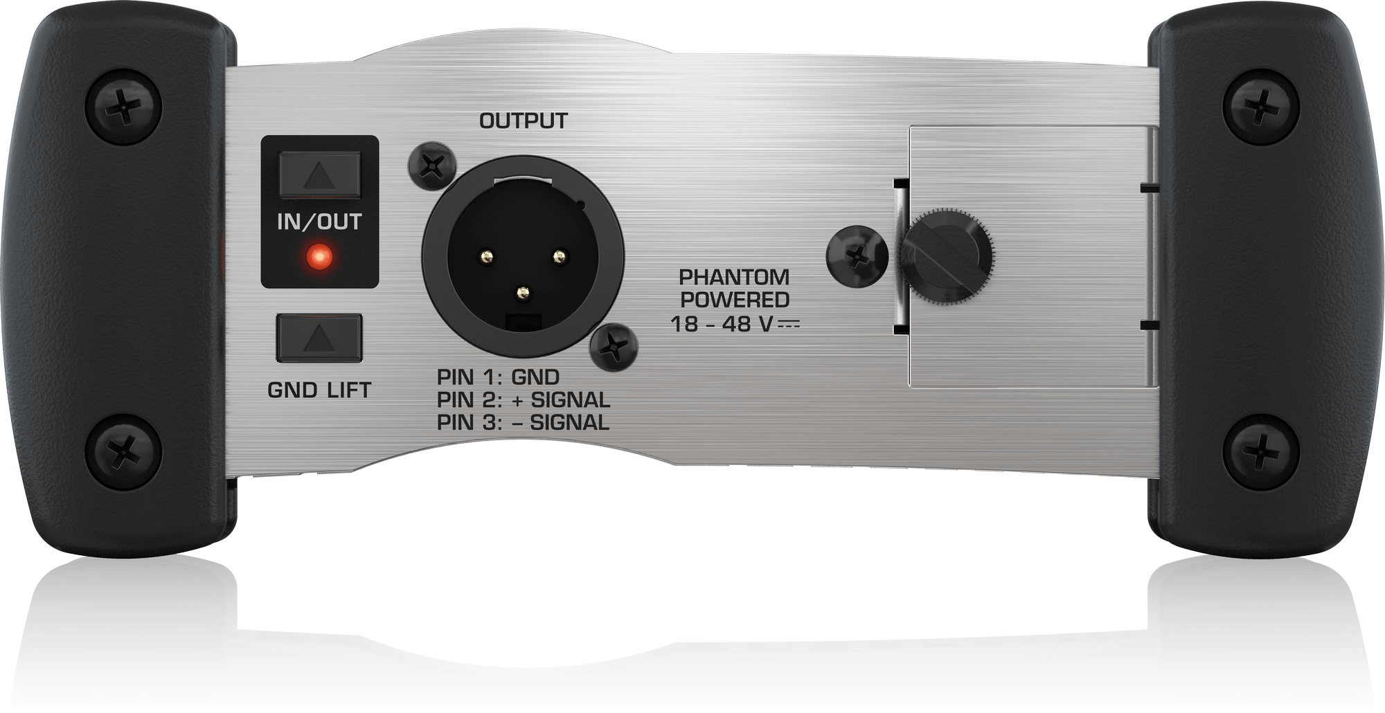 出力側の正面写真。OUTPUT、GND LIFT、電源表示と電池カバーを確認できます。