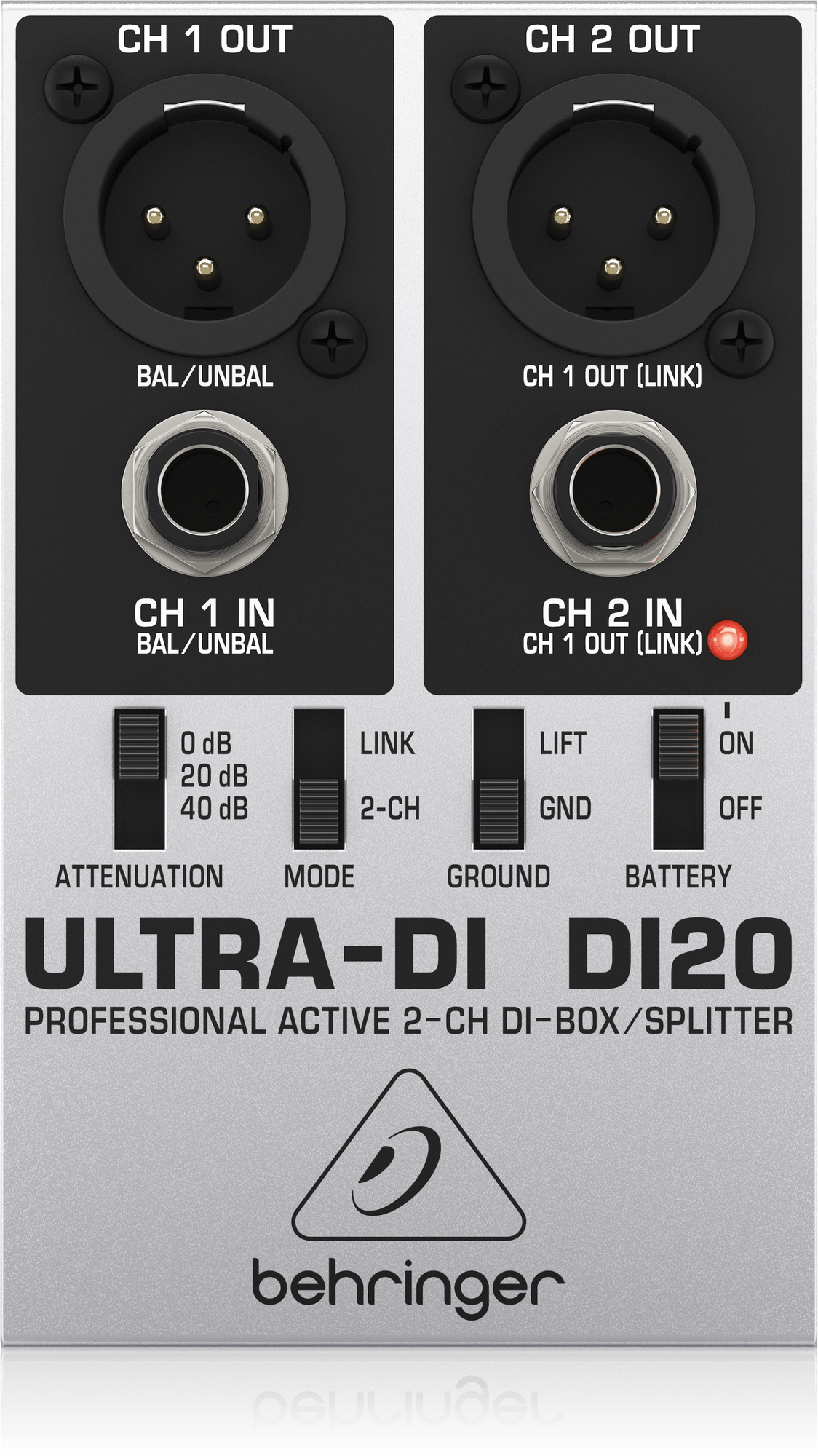 DI20の公式上面写真。CH 2 INはLINK時にCH 1 OUTとなる表示を確認できます。