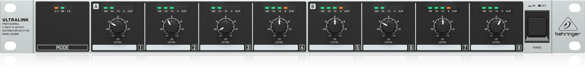 DS2800正面。8出力それぞれのLEVELとLEDメーター、左側のMODE状態表示、右側の電源スイッチ。