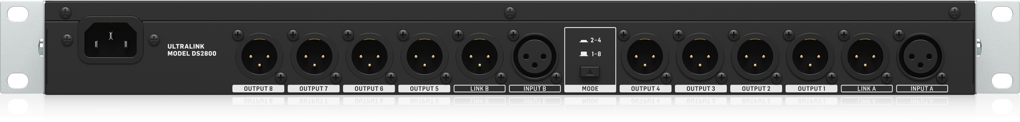 DS2800背面。INPUT A/B、固定レベルのLINK A/B、OUTPUT 1〜8、MODE切替とIEC電源端子。