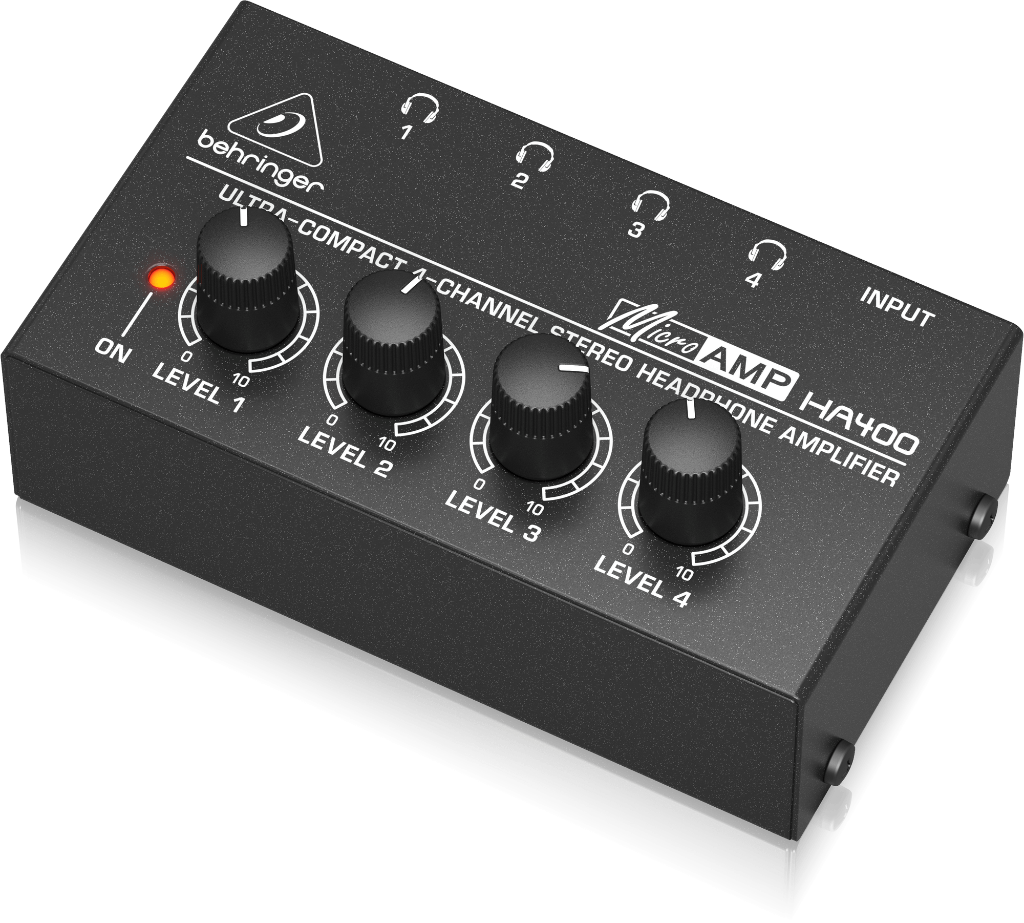 HA400右斜め。右側のLEVEL 4とINPUT表記、本体形状が分かる公式写真。