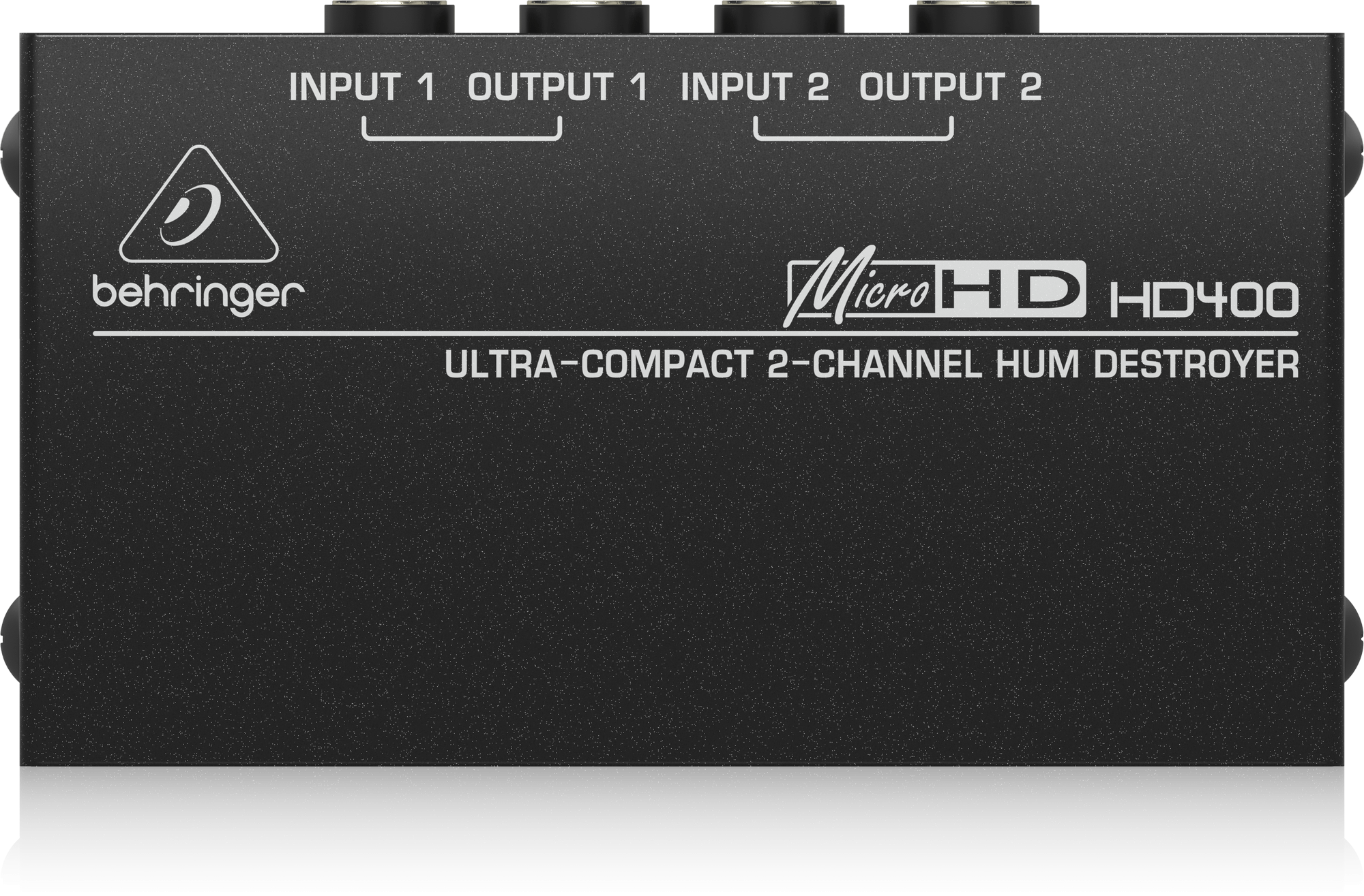 HD400上面の公式写真。INPUT 1→OUTPUT 1、INPUT 2→OUTPUT 2の2組の表記が確認できます。