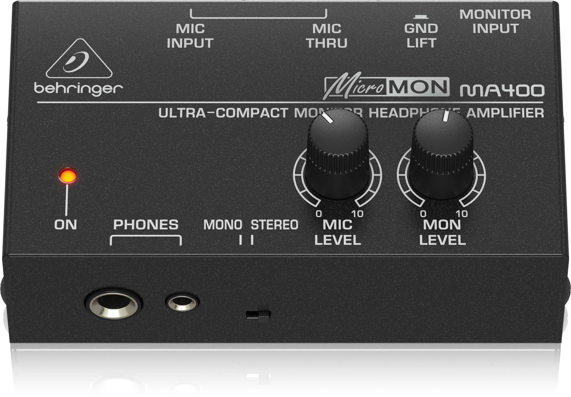 MA400の公式正面上方写真。MIC LEVELとMON LEVEL、2サイズのPHONES端子が見えます。