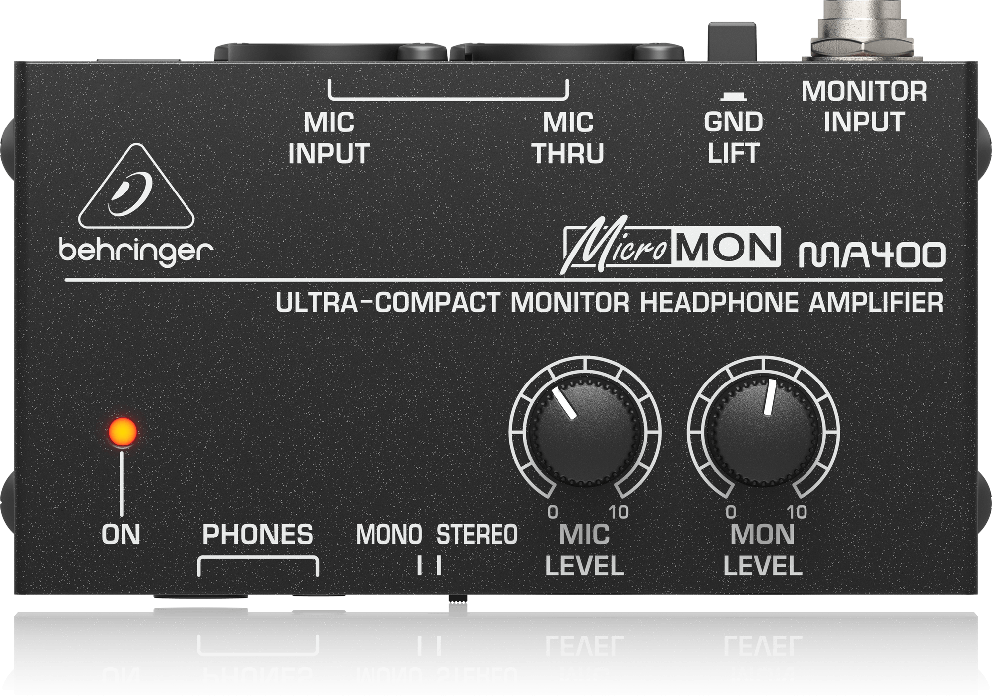 MA400の公式上面写真。マイク・モニターの音量ノブと各端子の役割が表示されています。