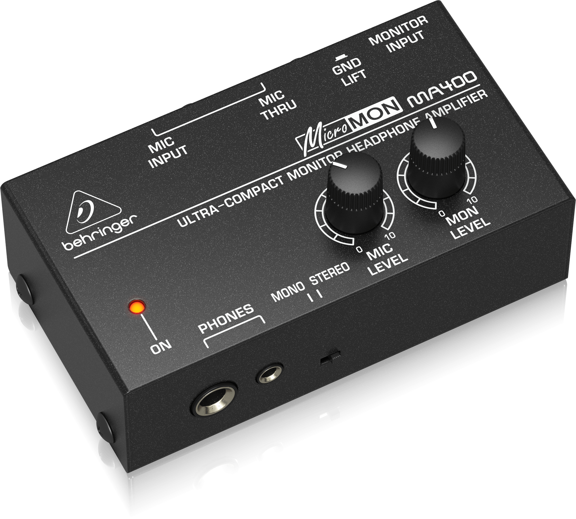 MA400の公式左斜め写真。PHONES端子とMONO/STEREO切替を確認できます。