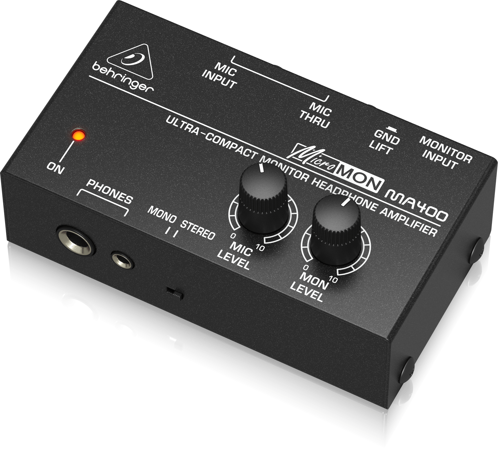 MA400の公式右斜め写真。2つの音量ノブと上面のMICROMON MA400表記が分かります。