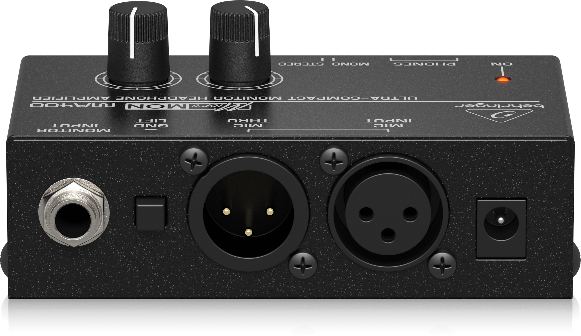 MA400の公式背面写真。MONITOR INPUT、GND LIFT、MIC THRU、MIC INPUT、電源端子が並びます。