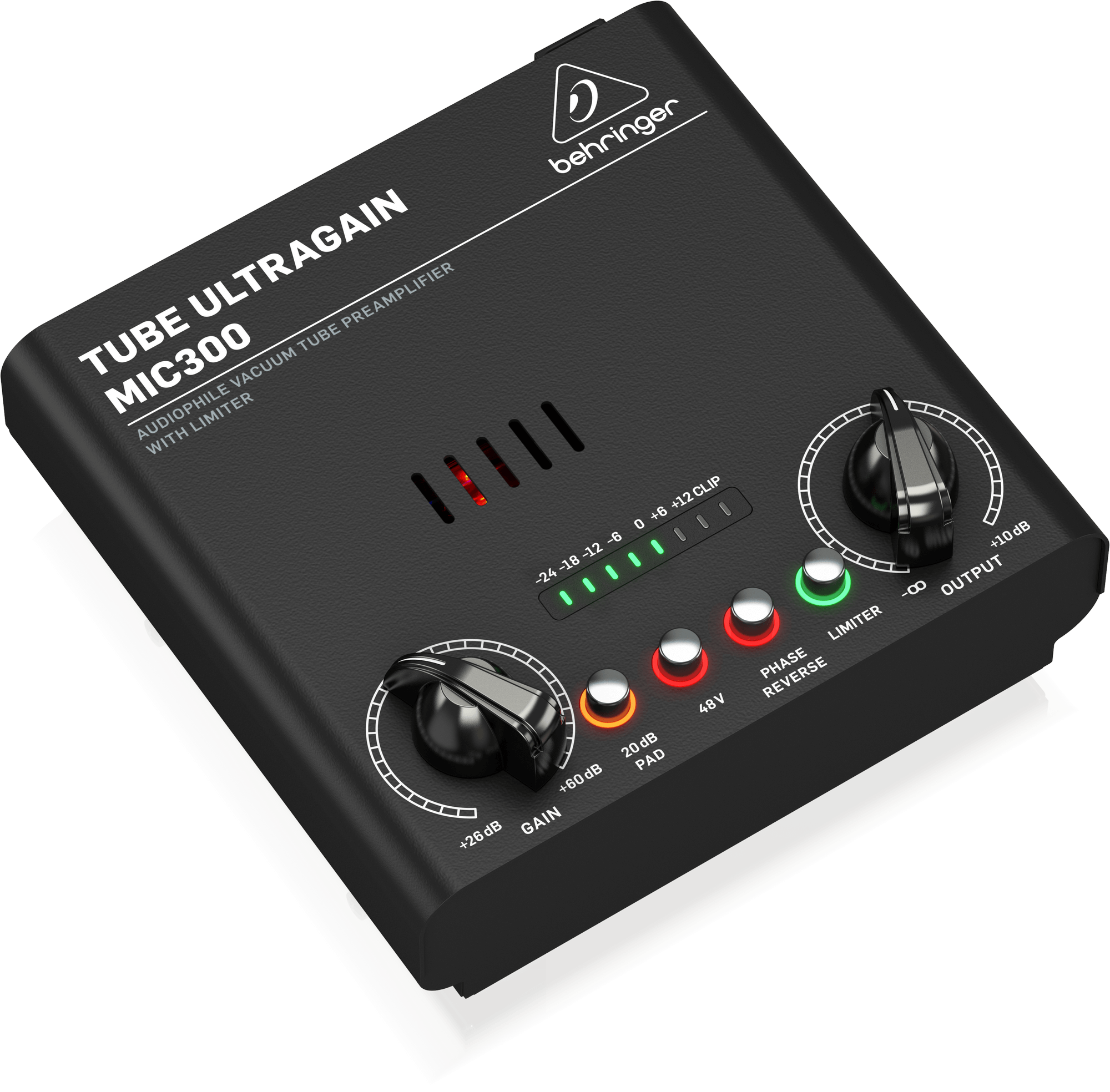 MIC300を左斜めから。GAINとOUTPUTの間に、20dB PAD・48V・PHASE REVERSE・LIMITERが並びます。