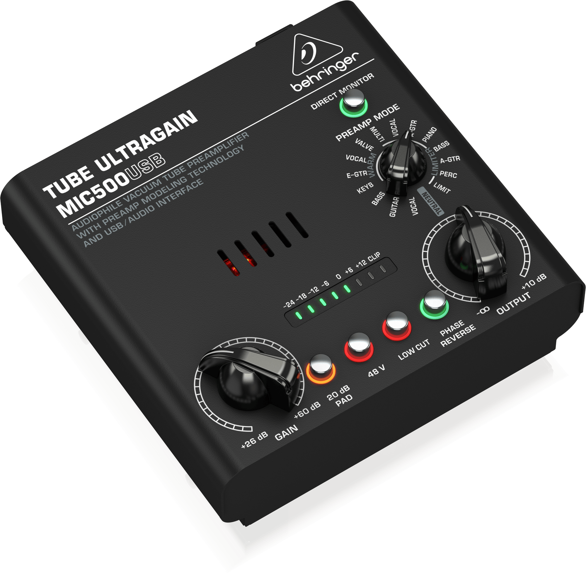 MIC500USBを左斜めから。GAIN、4つの機能スイッチ、出力メーター、OUTPUT、PREAMP MODEを見渡せます。