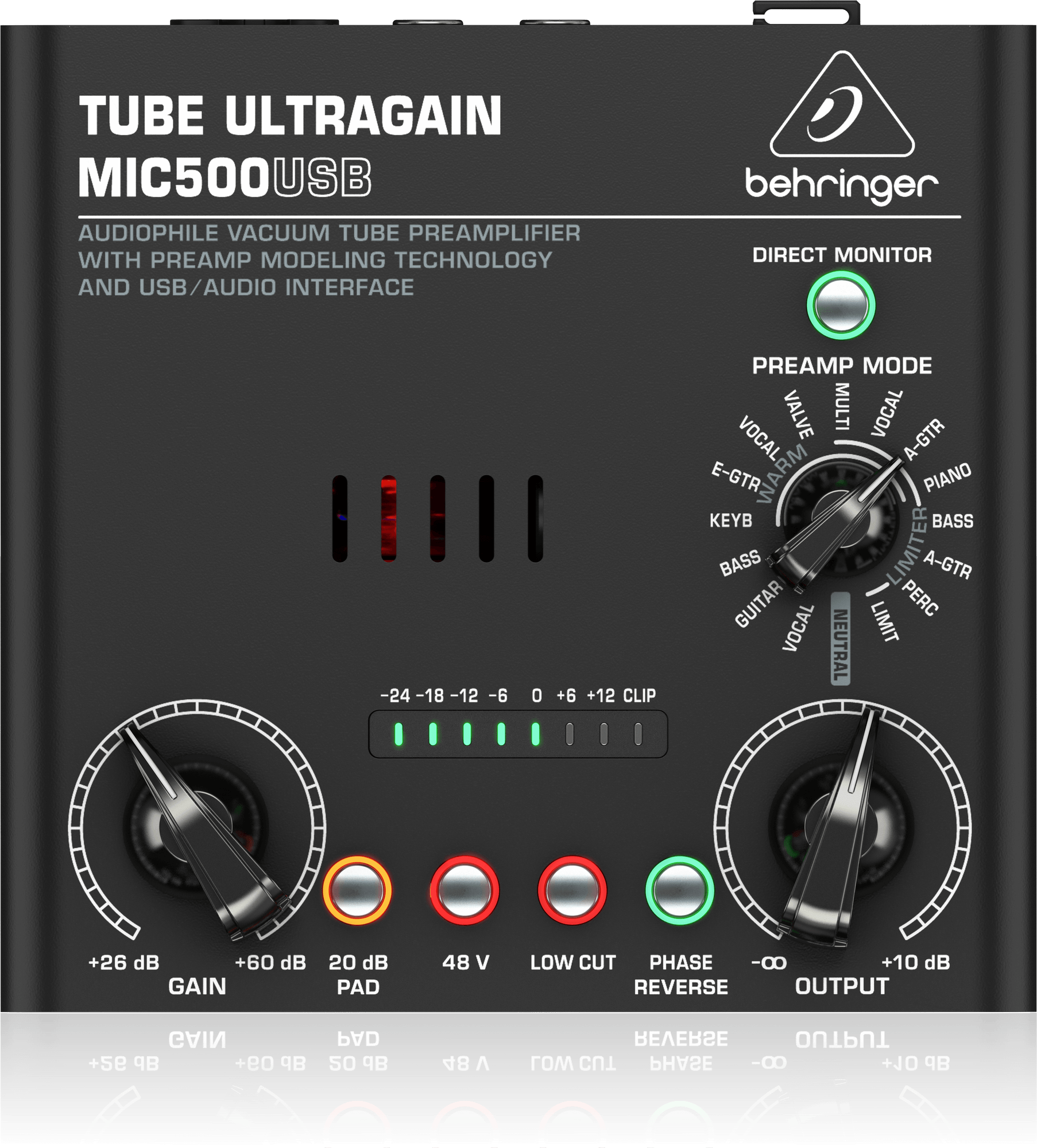 MIC500USB上面。16プリセットの区分と、20dB PAD・48V・LOW CUT・PHASE REVERSEの表示。