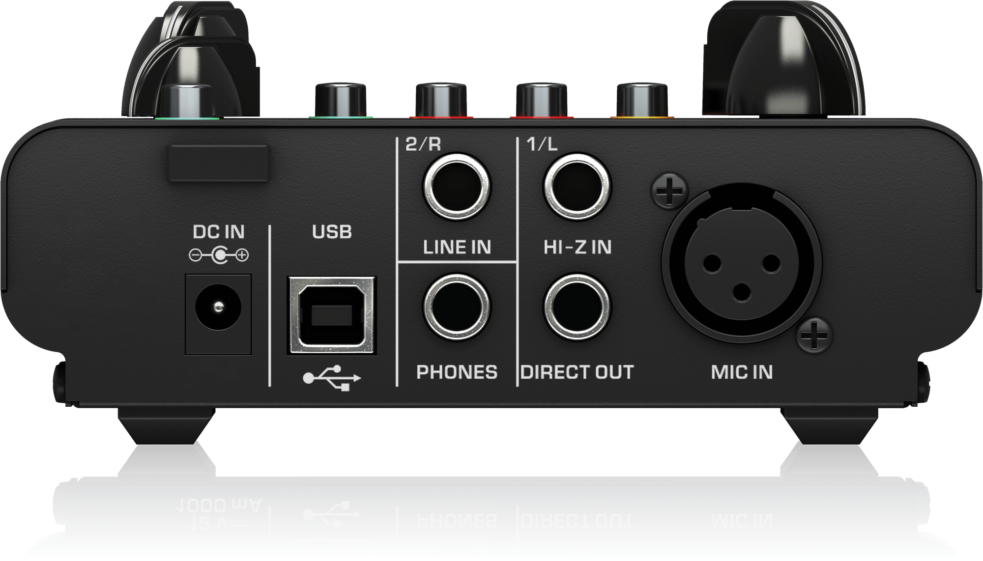 MIC500USB背面。MIC IN、1/L HI-Z IN、2/R LINE IN、DIRECT OUT、PHONES、USB、DC INを備えます。