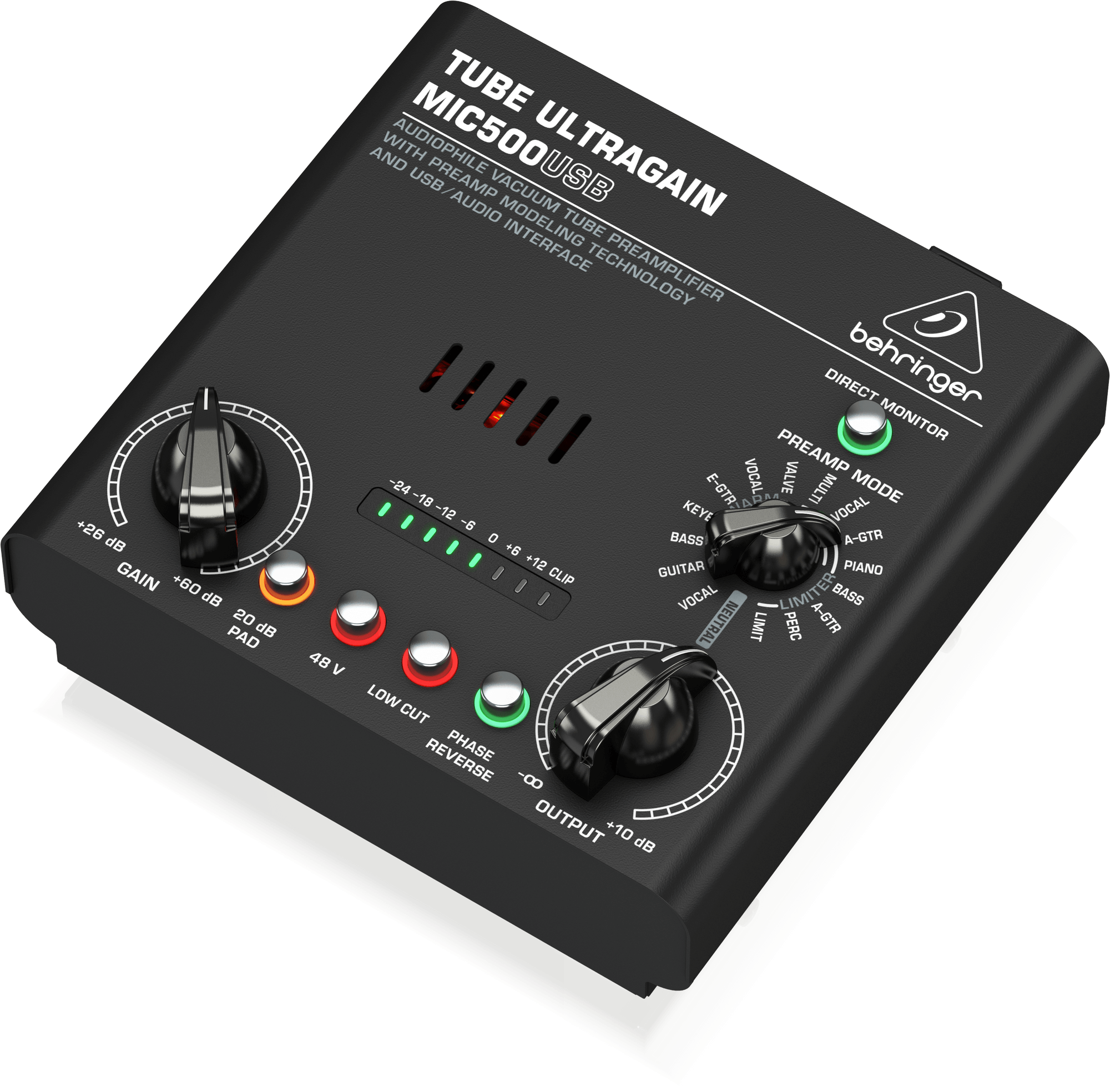 MIC500USBを右斜めから。PREAMP MODEとDIRECT MONITORの位置、前側の出力操作を確認できます。