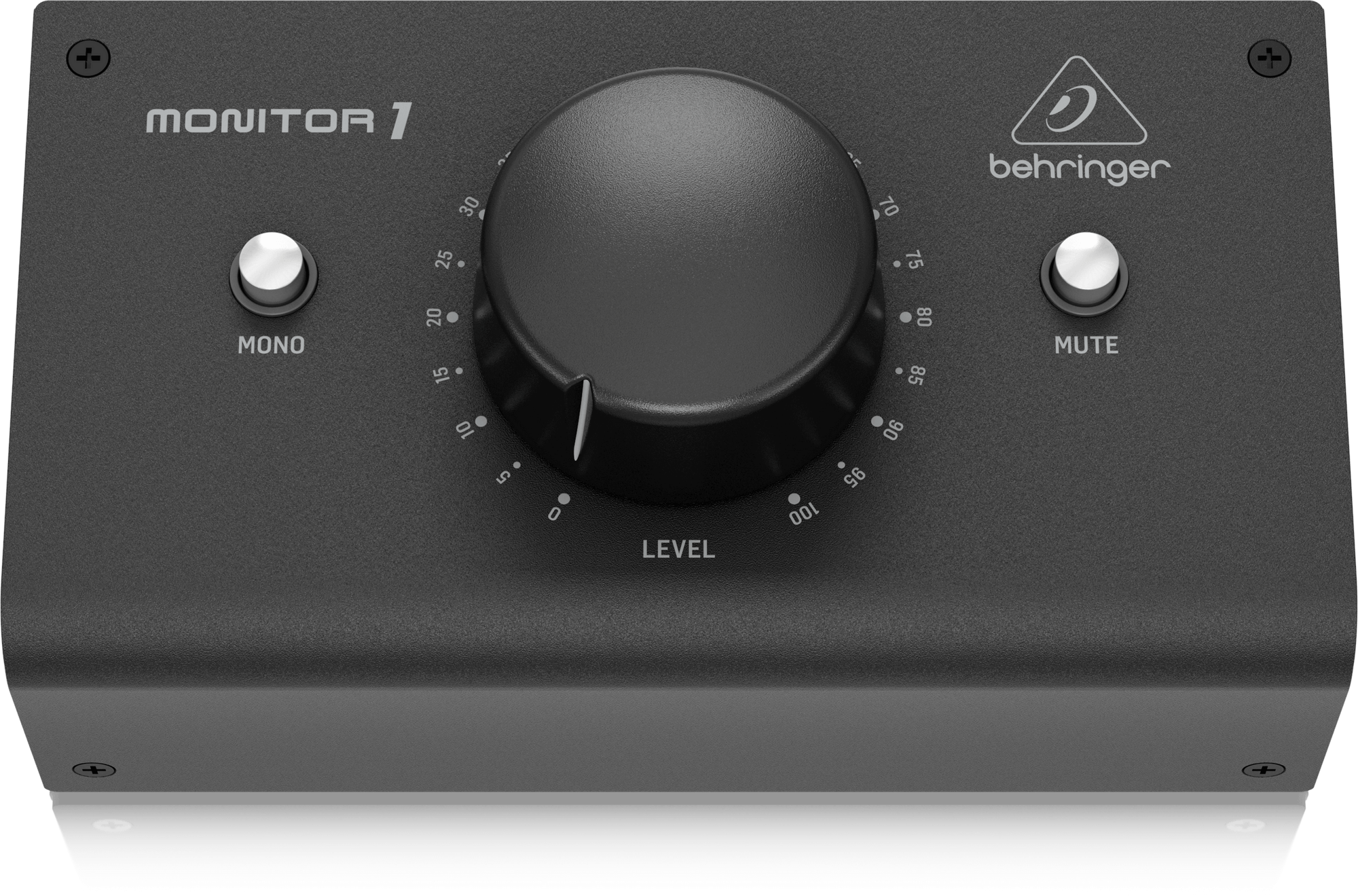 MONITOR1を前方から見たメーカー商品写真。中央のLEVELと左右のMONO・MUTEが見えます。