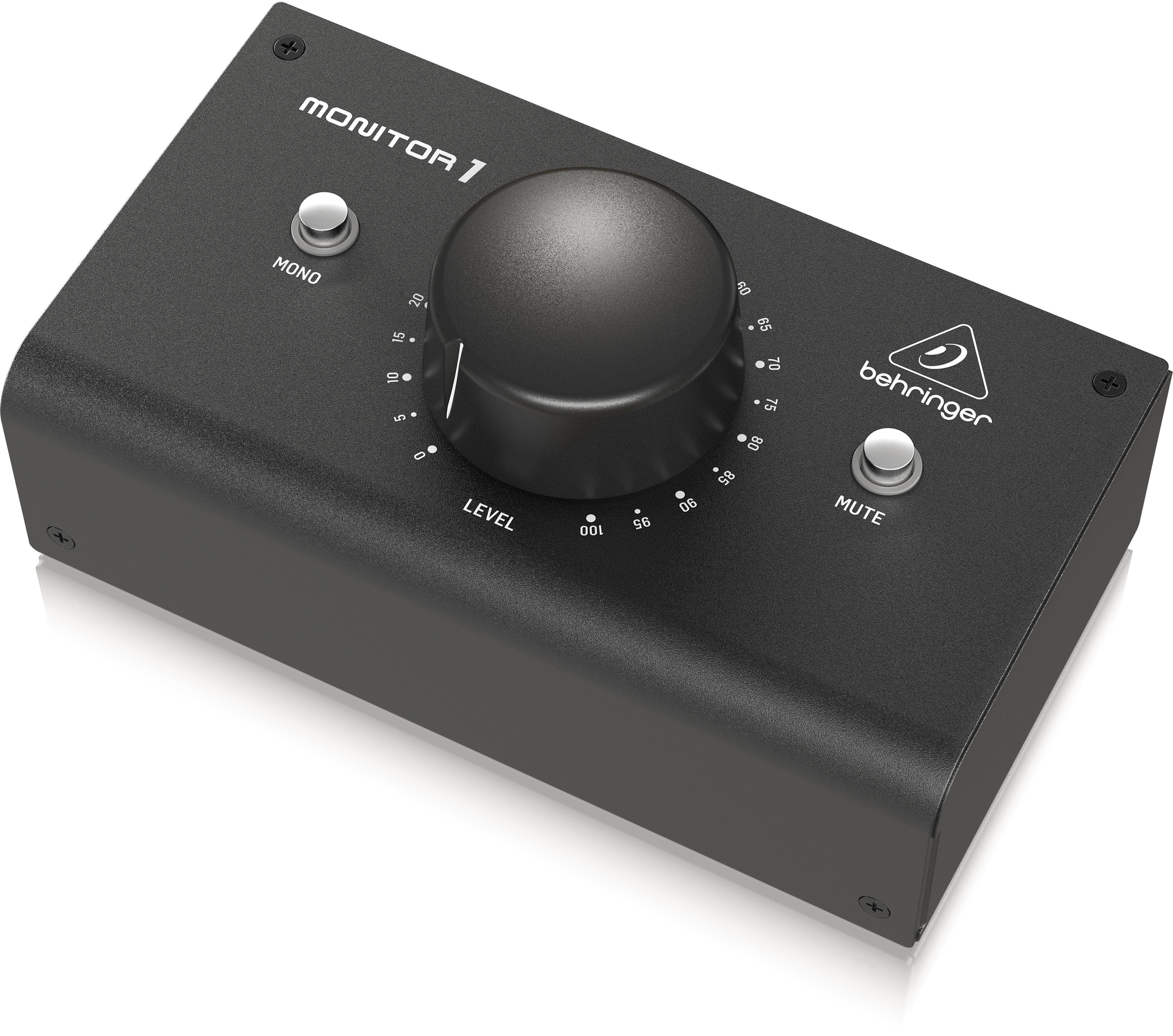 MONITOR1右斜め。手元の大きなLEVELノブとMUTEボタンの位置関係を示します。