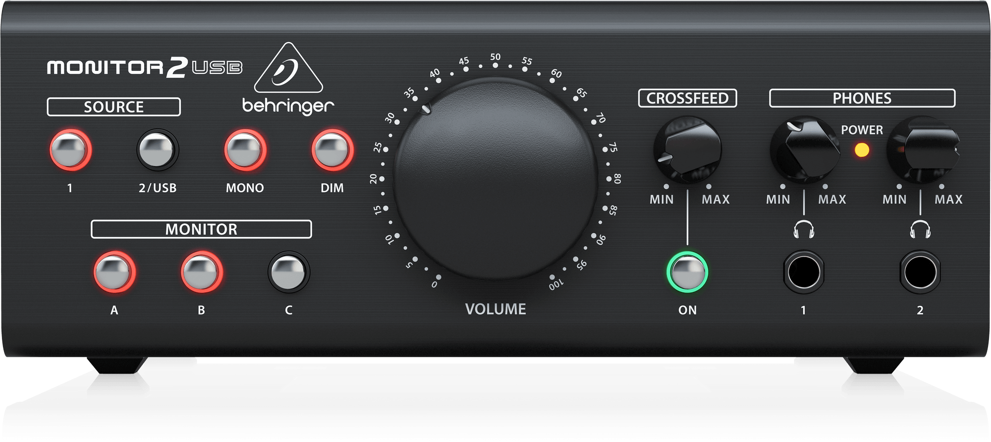 MONITOR2USB正面。SOURCE 1・2/USB、MONO・DIM、MONITOR A/B/C、大型VOLUME、CROSSFEED、2つのPHONESを備えます。