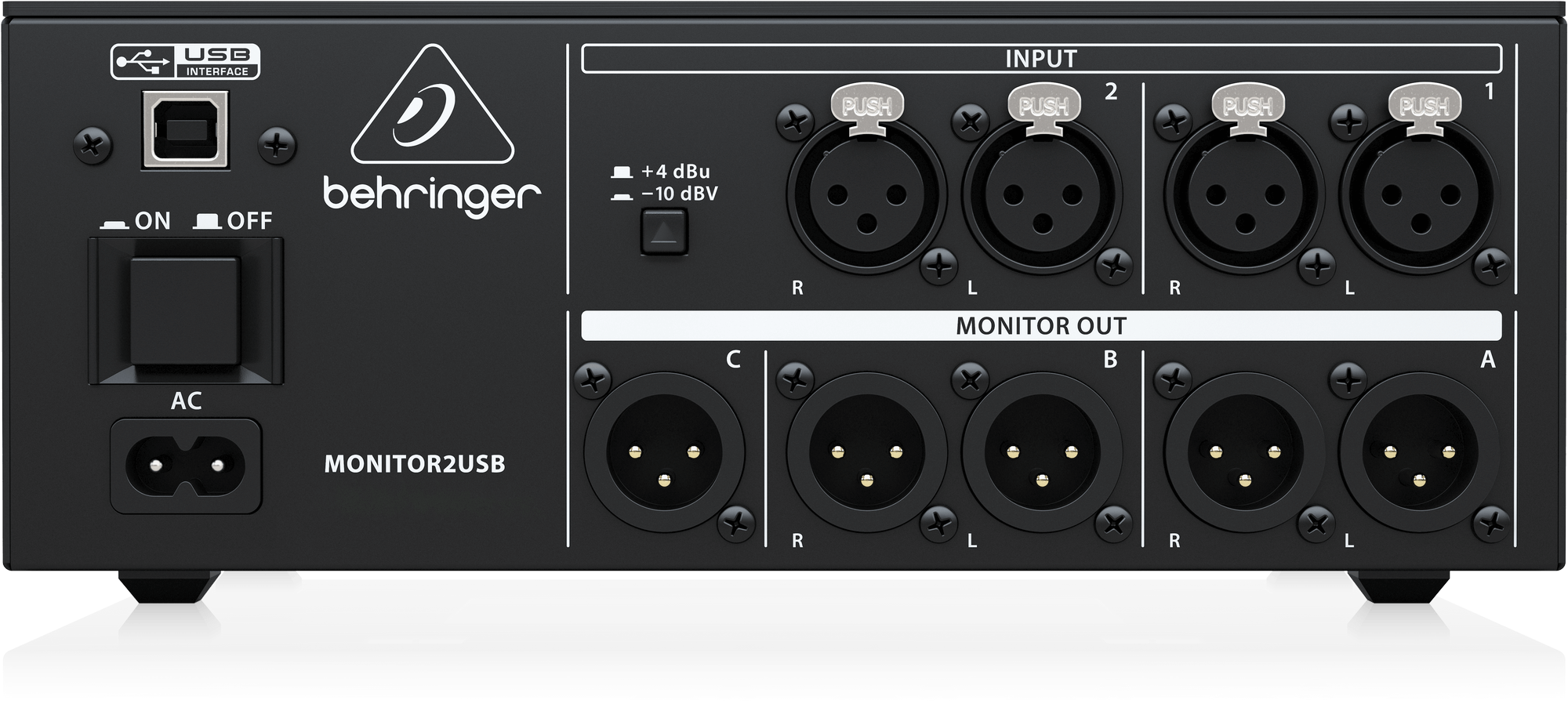MONITOR2USB背面。2組のXLR入力、A/BのステレオXLR出力と単一のC出力、USB Type B、AC電源とスイッチ。