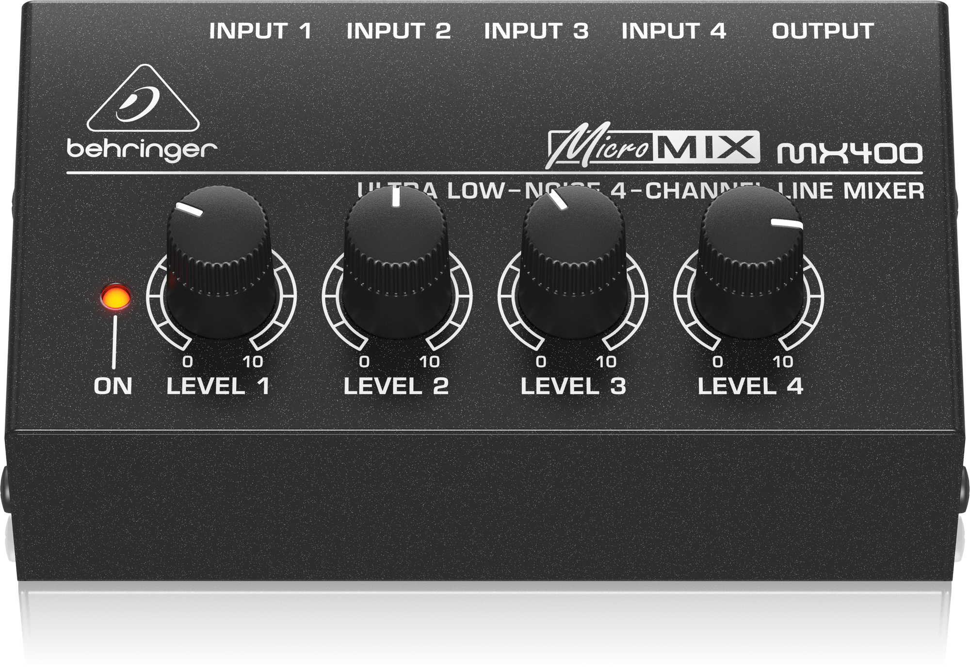 MX400上前方の公式写真。4つのLEVELと、INPUT 1〜4・OUTPUT・ONの表示が確認できます。