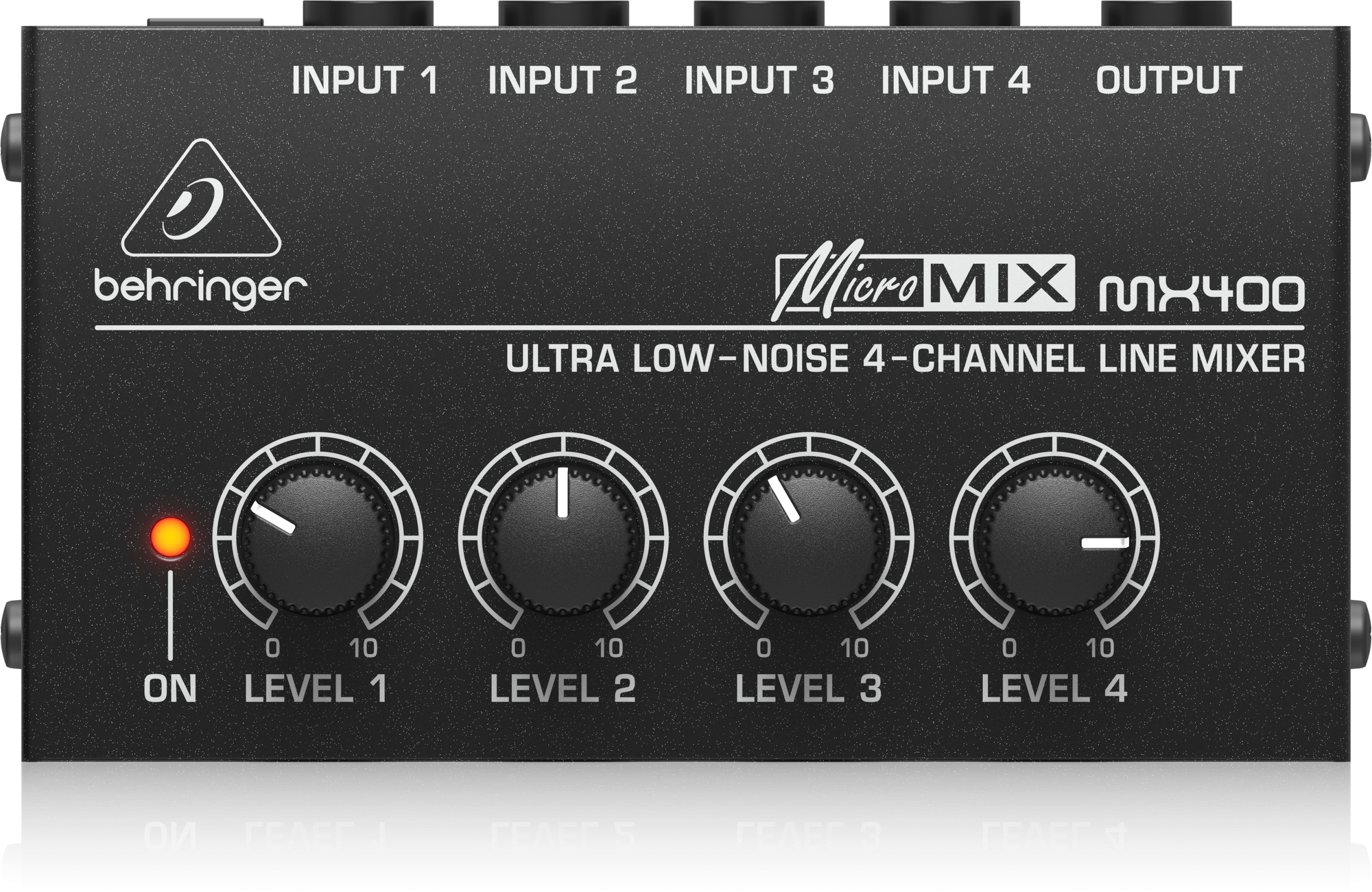 MX400上面の公式写真。各入力番号に対応するLEVELノブと目盛りが分かります。