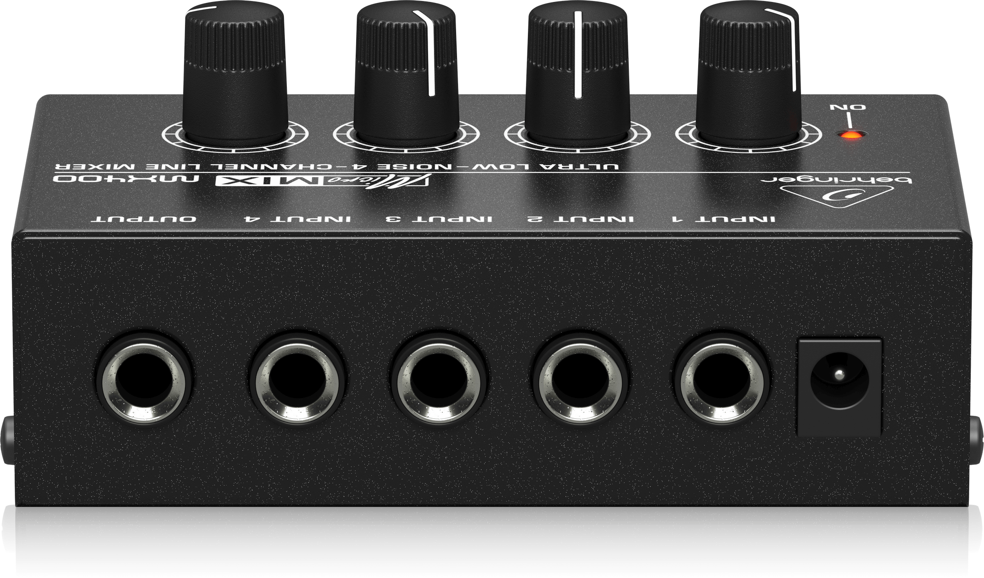 MX400端子面の公式写真。INPUT 1〜4、OUTPUT、外部電源端子が並びます。