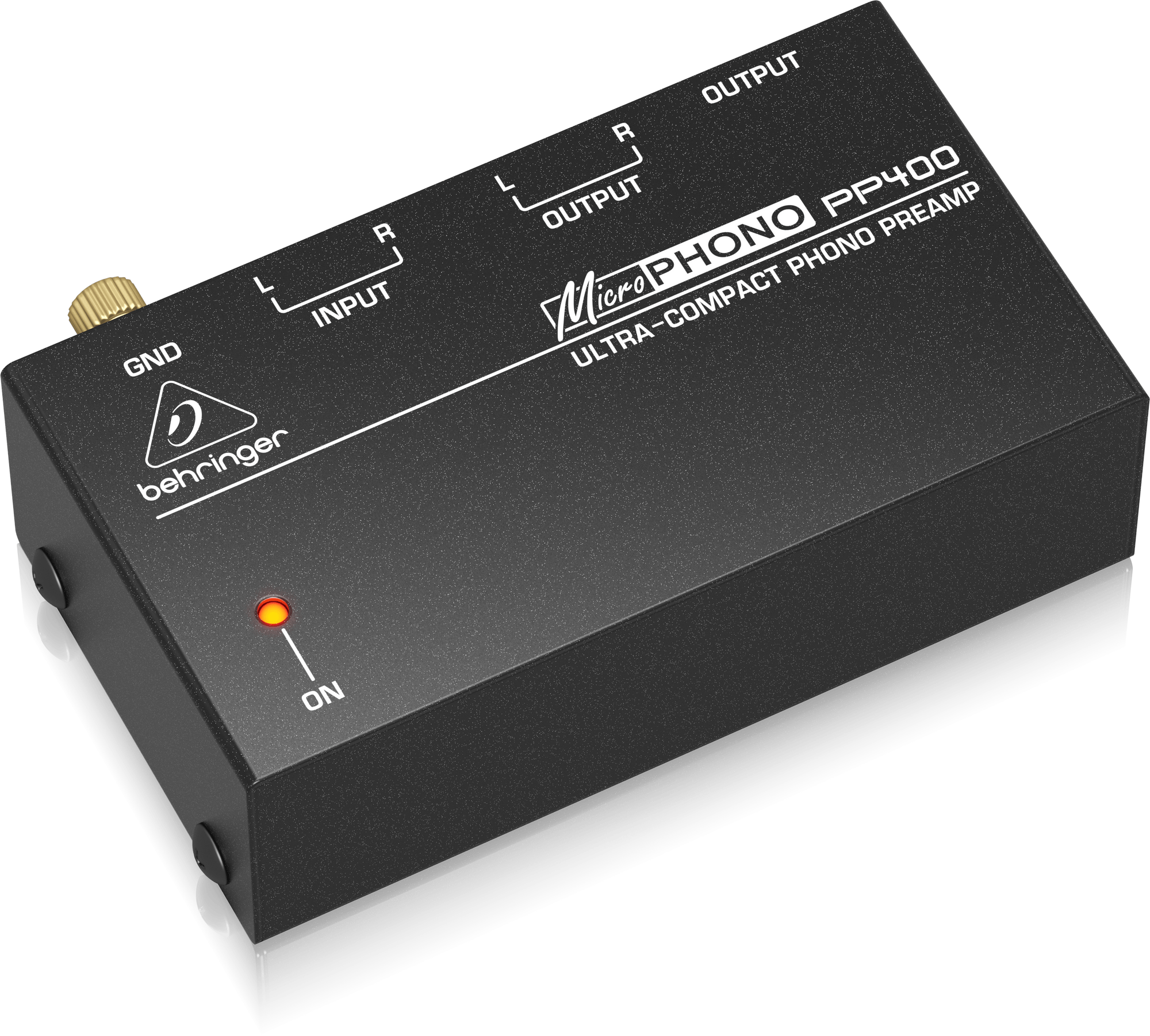 PP400左斜めの公式写真。小型本体とPHONO PREAMPの表記、入力・出力の並びが分かります。