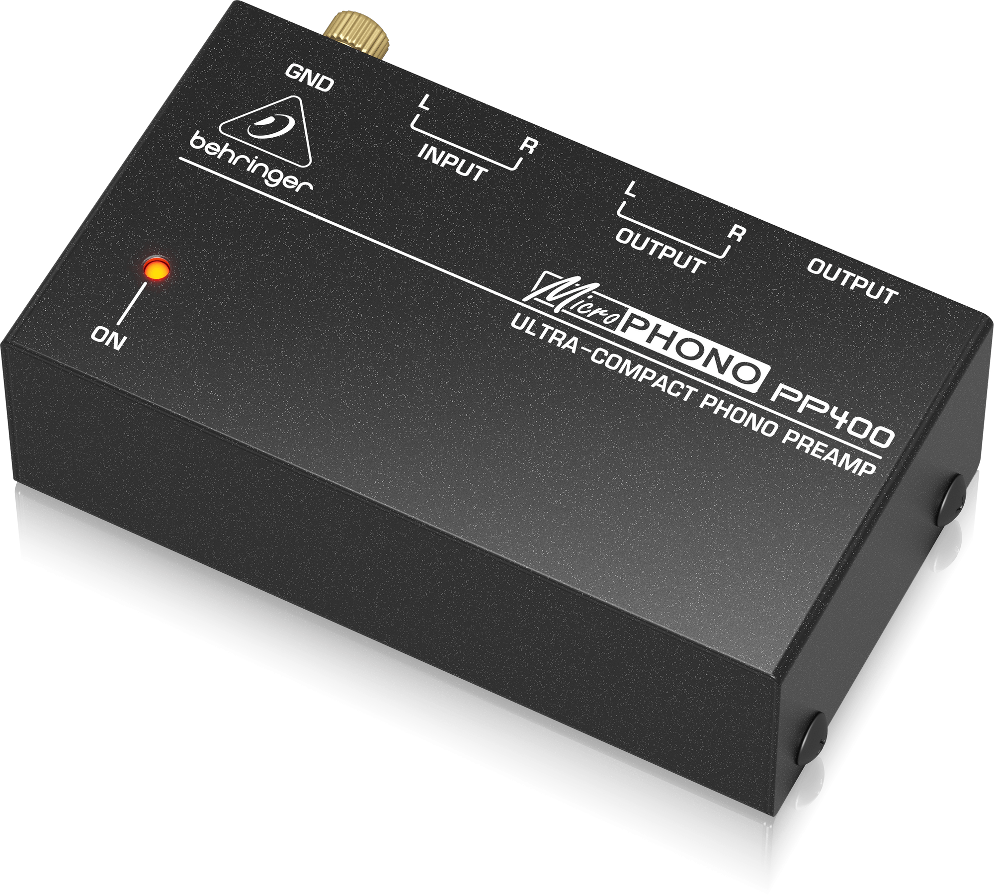 PP400右斜めの公式写真。RCA出力と標準フォーンOUTPUT側の位置関係を確認できます。