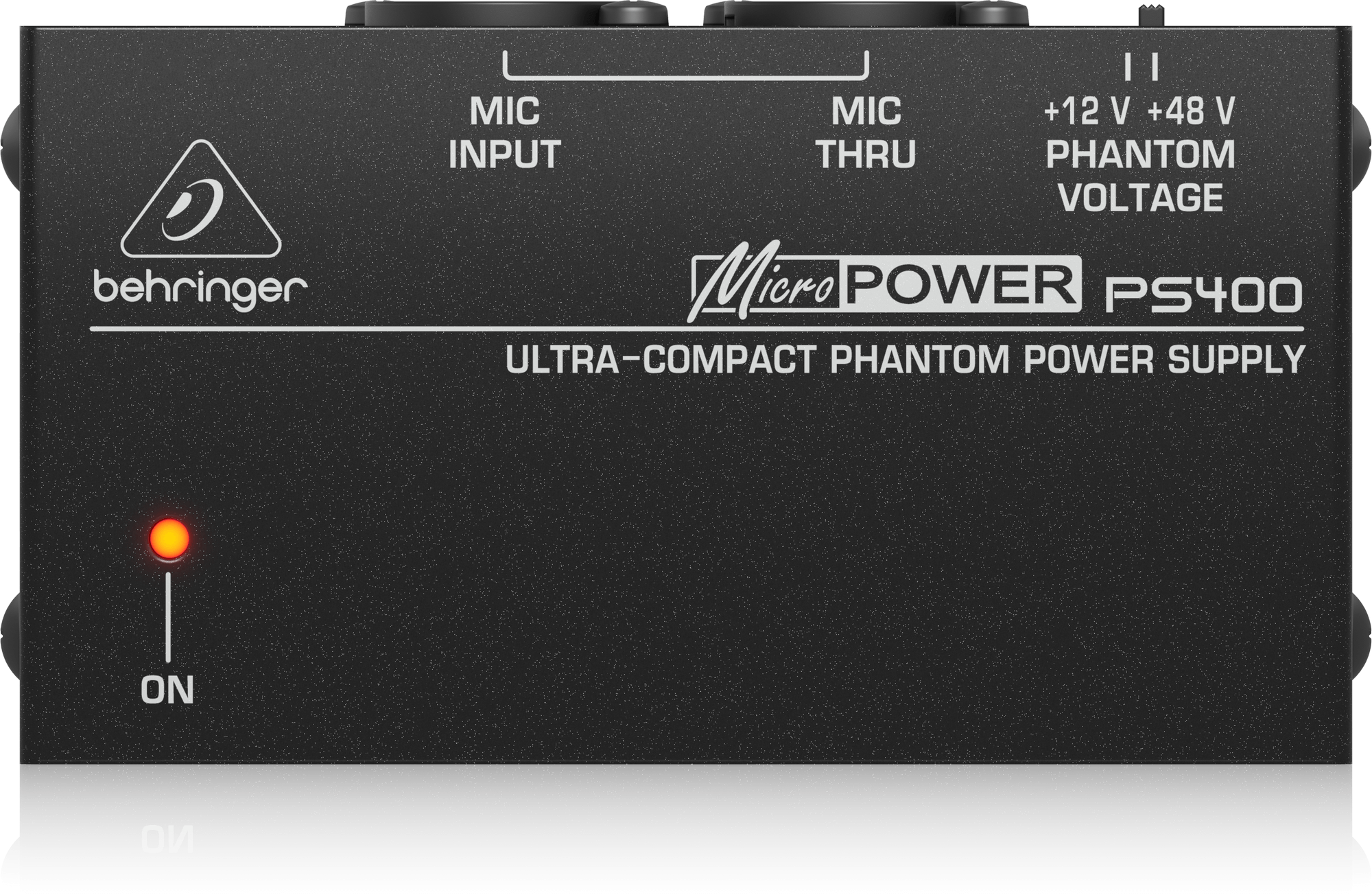 PS400の公式上面写真。MIC INPUT・MIC THRUと、+12V／+48V切替の表示を確認できます。