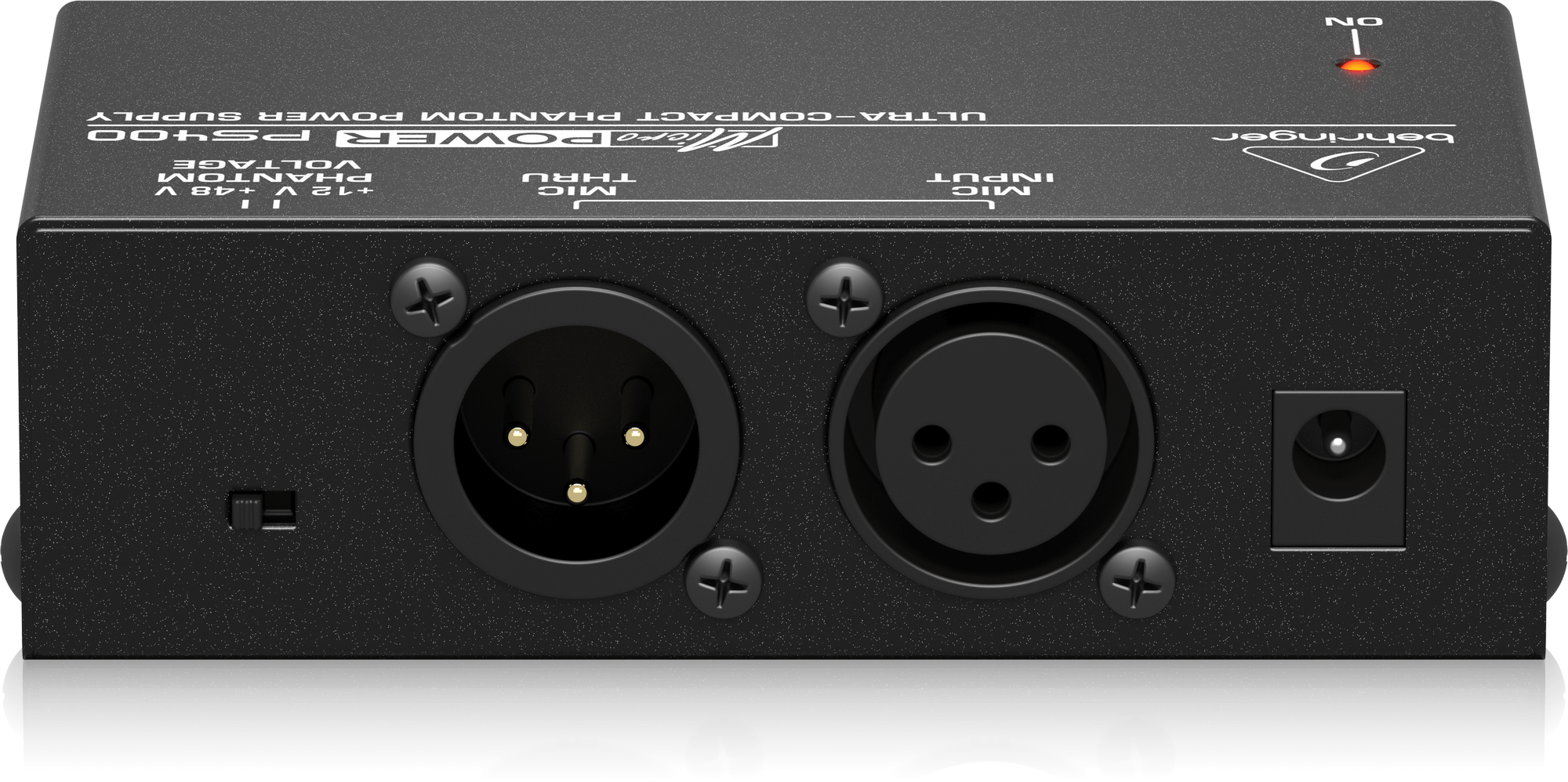 PS400の公式端子面写真。XLRのマイク入力とスルー出力、電源入力を備えています。