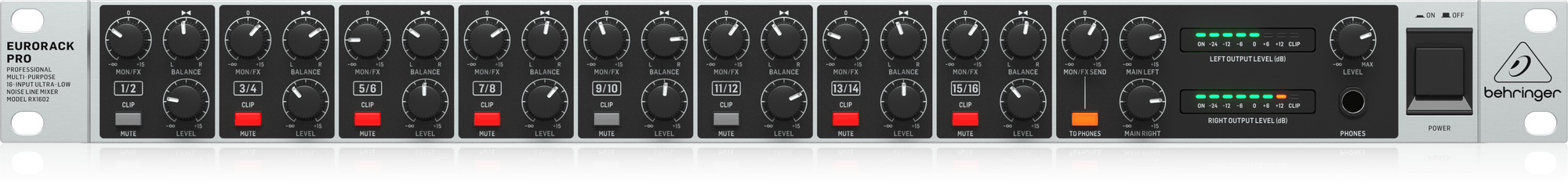 RX1602 V2公式掲載の正面写真。1/2から15/16まで8組のLEVEL・BALANCE・MON/FX・MUTEが並びます。
