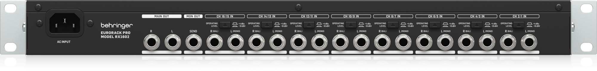 背面。16個のライン入力、8組のOPERATING LEVEL、MAIN OUT L/R、MON OUT SEND、IEC電源端子。