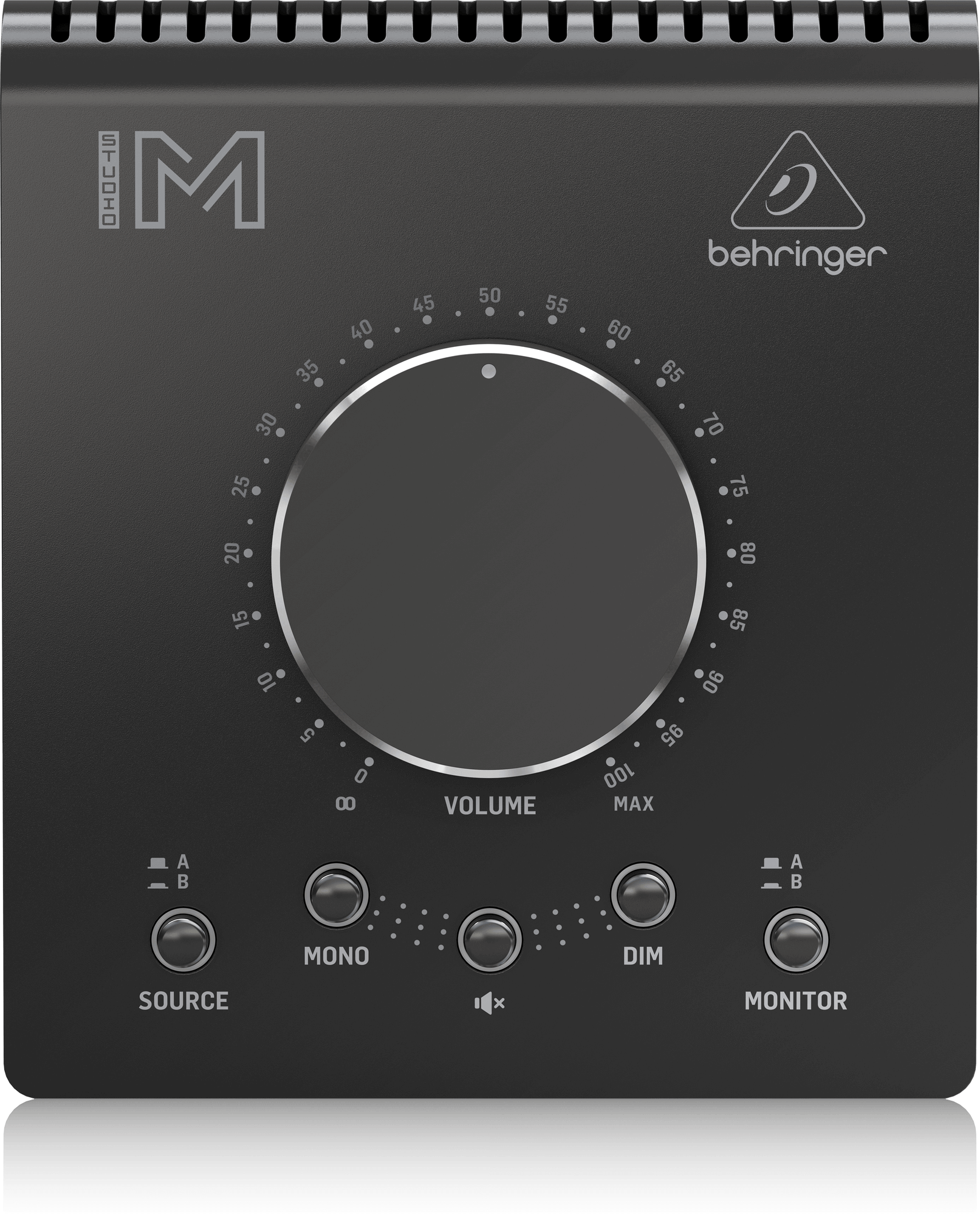 STUDIO M上面。SOURCE A/BとMONITOR A/Bは、音源側と出力先を別々に選びます。