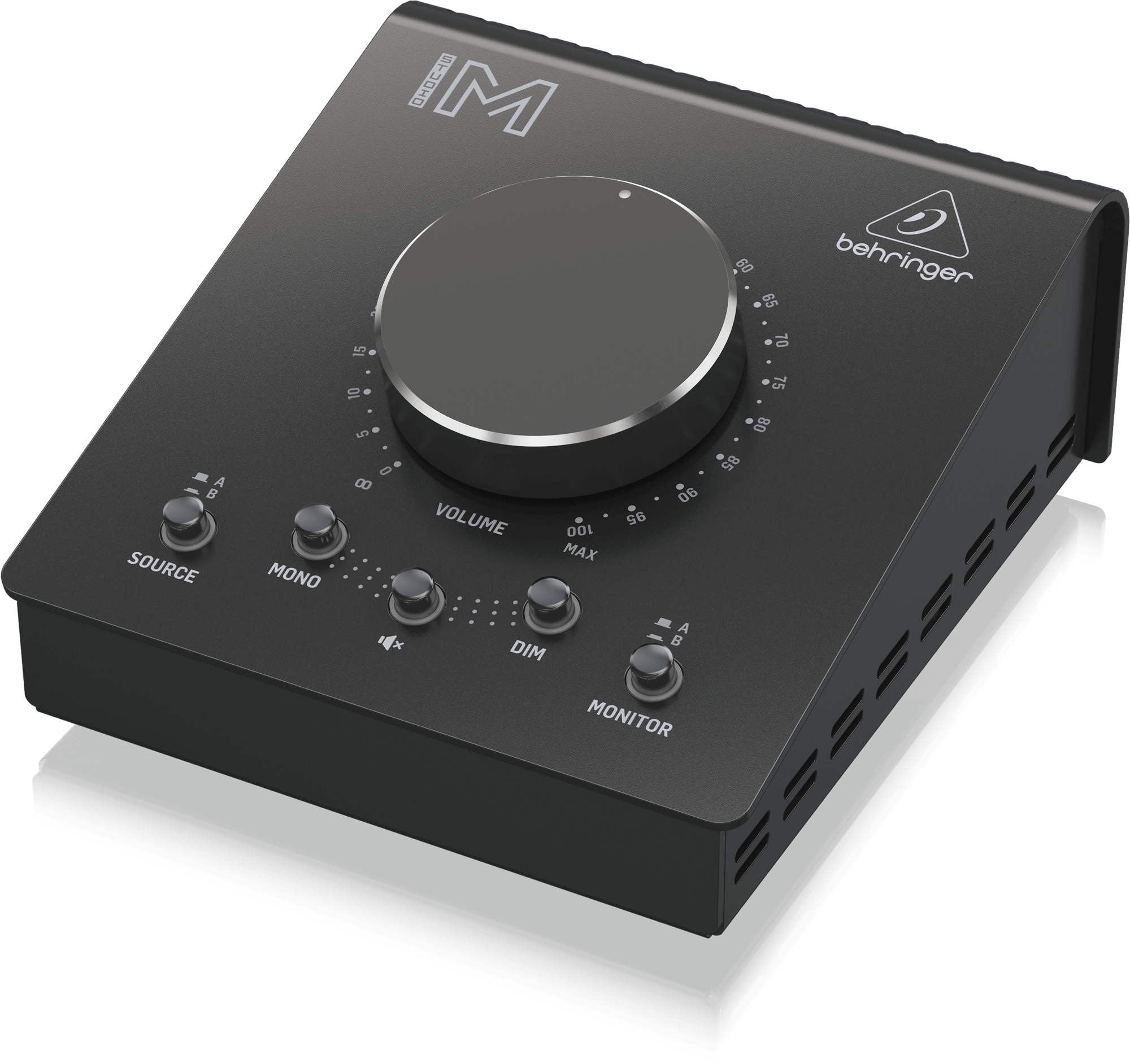 STUDIO M右斜め。DIMとMONITOR切替を、音量ノブに手を置いたまま確認しやすい配置です。