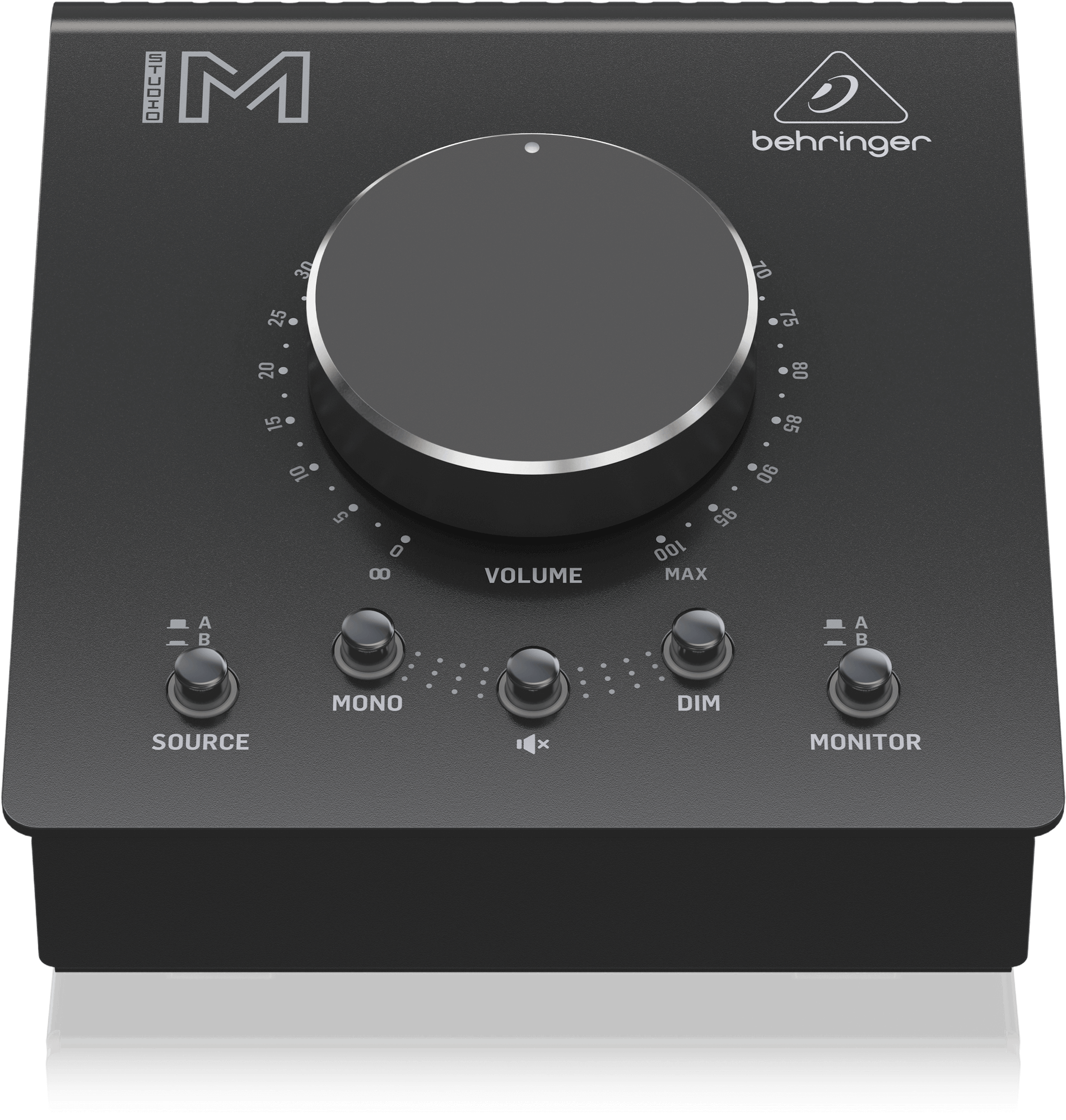 STUDIO M前方から。VOLUMEの0〜100の目盛と、前側に並ぶ5つの操作ボタンが分かります。