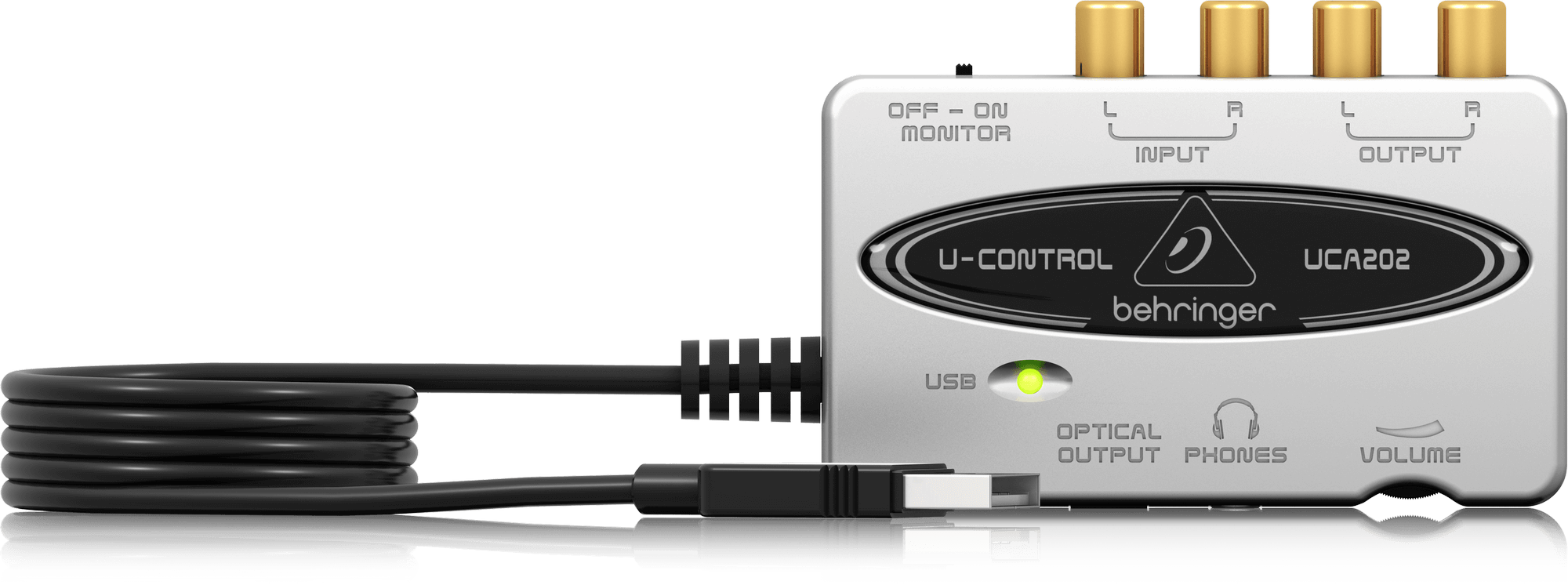 UCA202上面の公式写真。INPUT・OUTPUT各L/R、MONITORスイッチ、USBケーブル、PHONESとVOLUMEの表記を確認できます。
