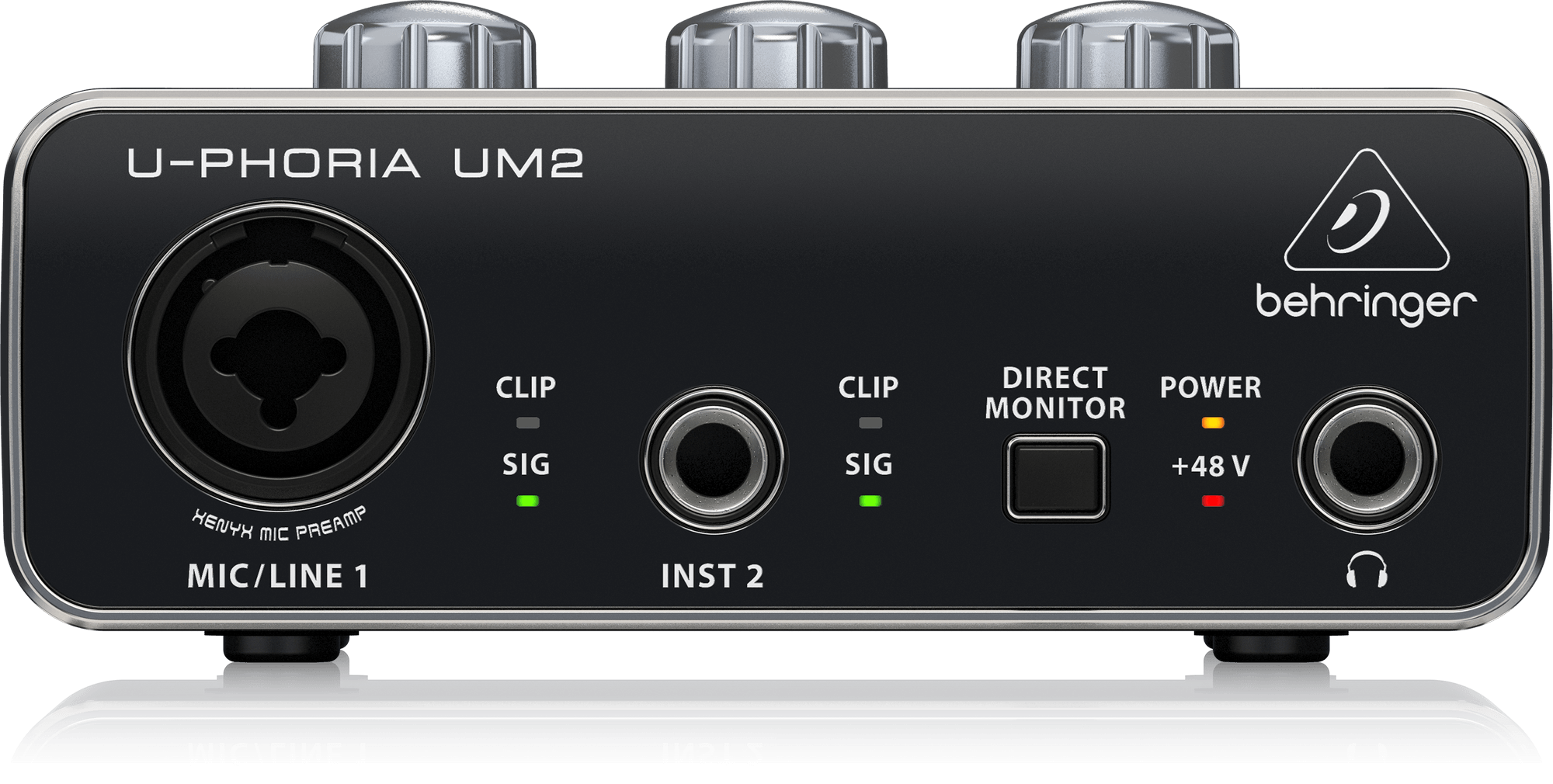 UM2の公式正面写真。MIC/LINE 1、INST 2、DIRECT MONITORとヘッドホン出力が見えます。