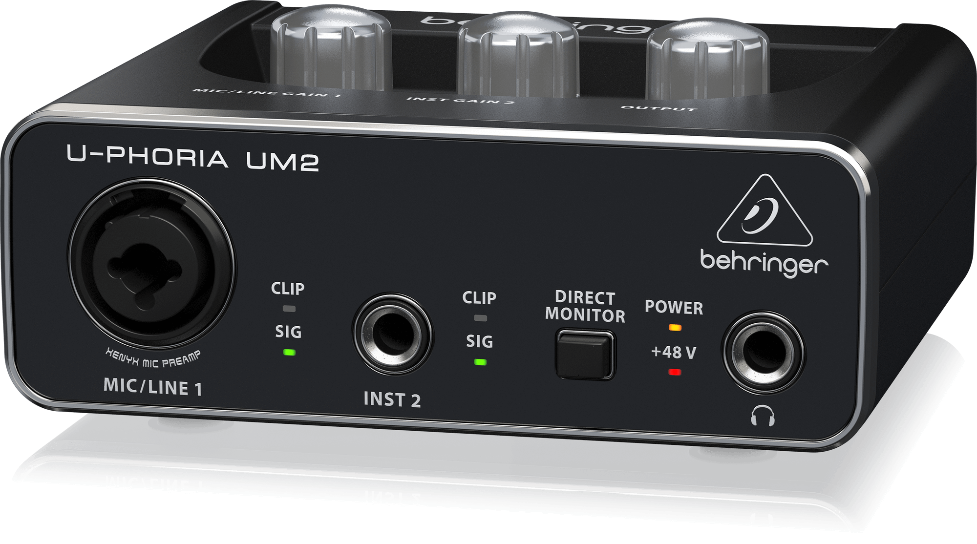 UM2の公式右斜め写真。楽器入力側のSIG/CLIP、DIRECT MONITOR、ヘッドホン端子が見えます。