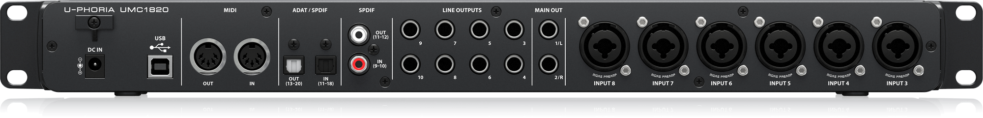 背面。入力3～8、MAIN OUT、LINE OUTPUTS、S/PDIF、光端子、MIDI、USB、DC INが並びます。