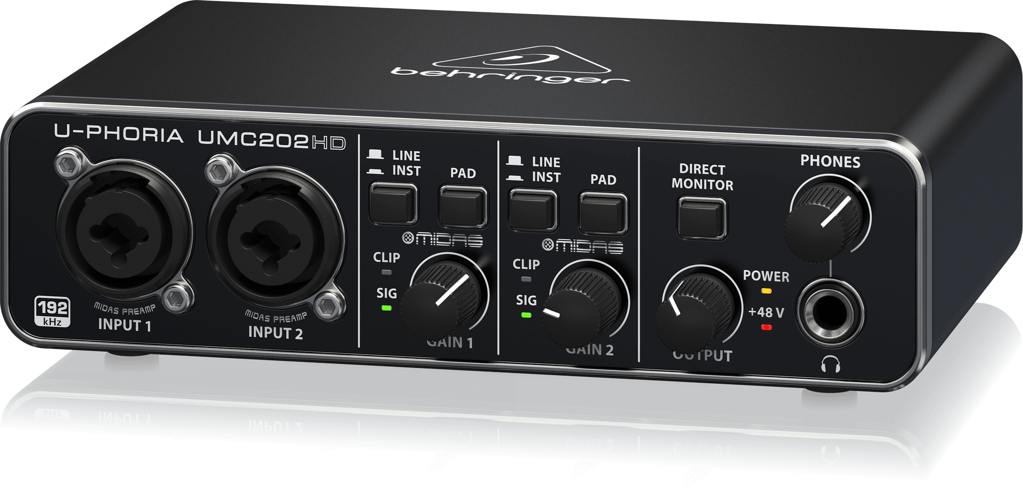 UMC202HD右斜め。DIRECT MONITORとOUTPUT、独立したPHONESノブが見える公式写真。